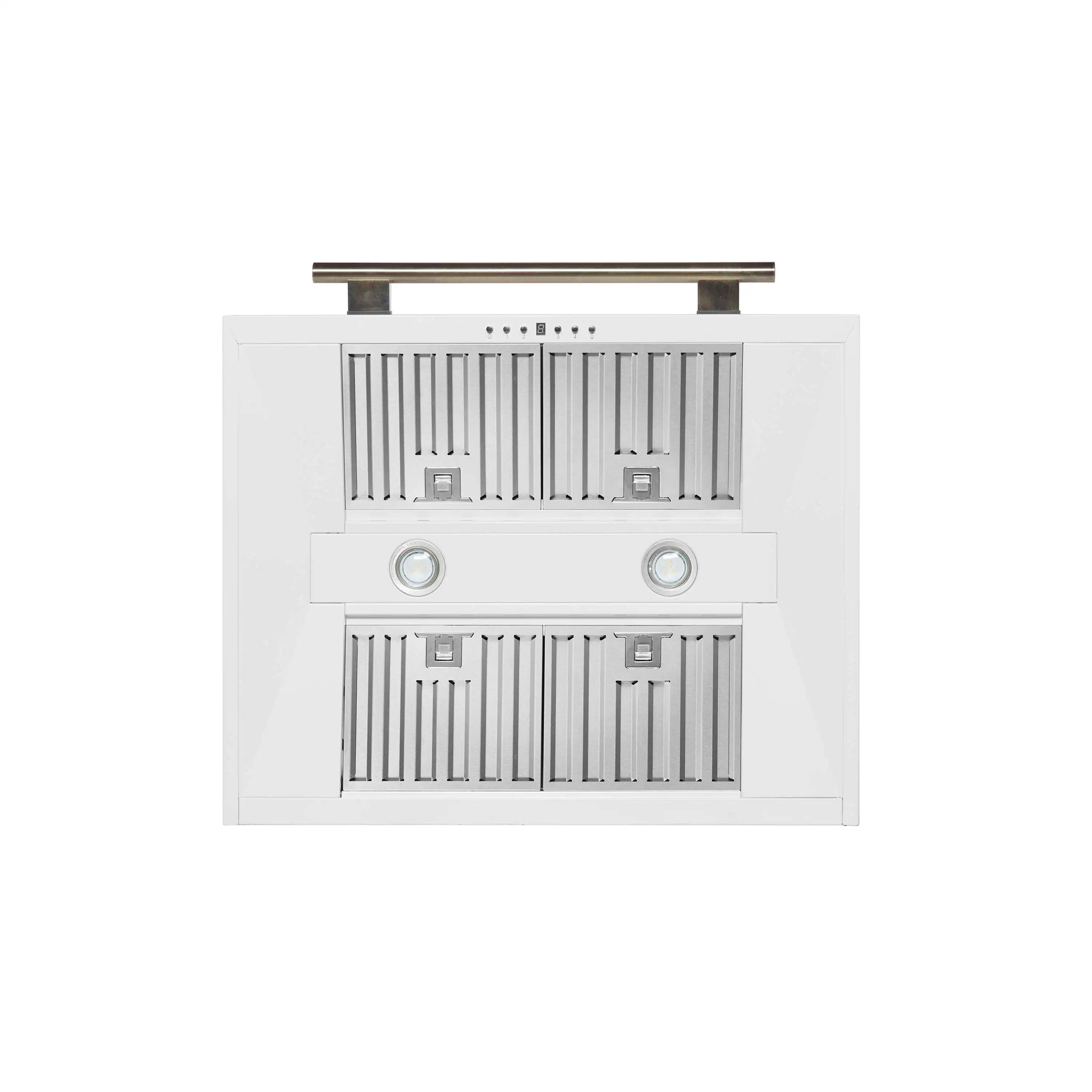 White built-in refrigerator with vertical door grilles and antique brass handle accents