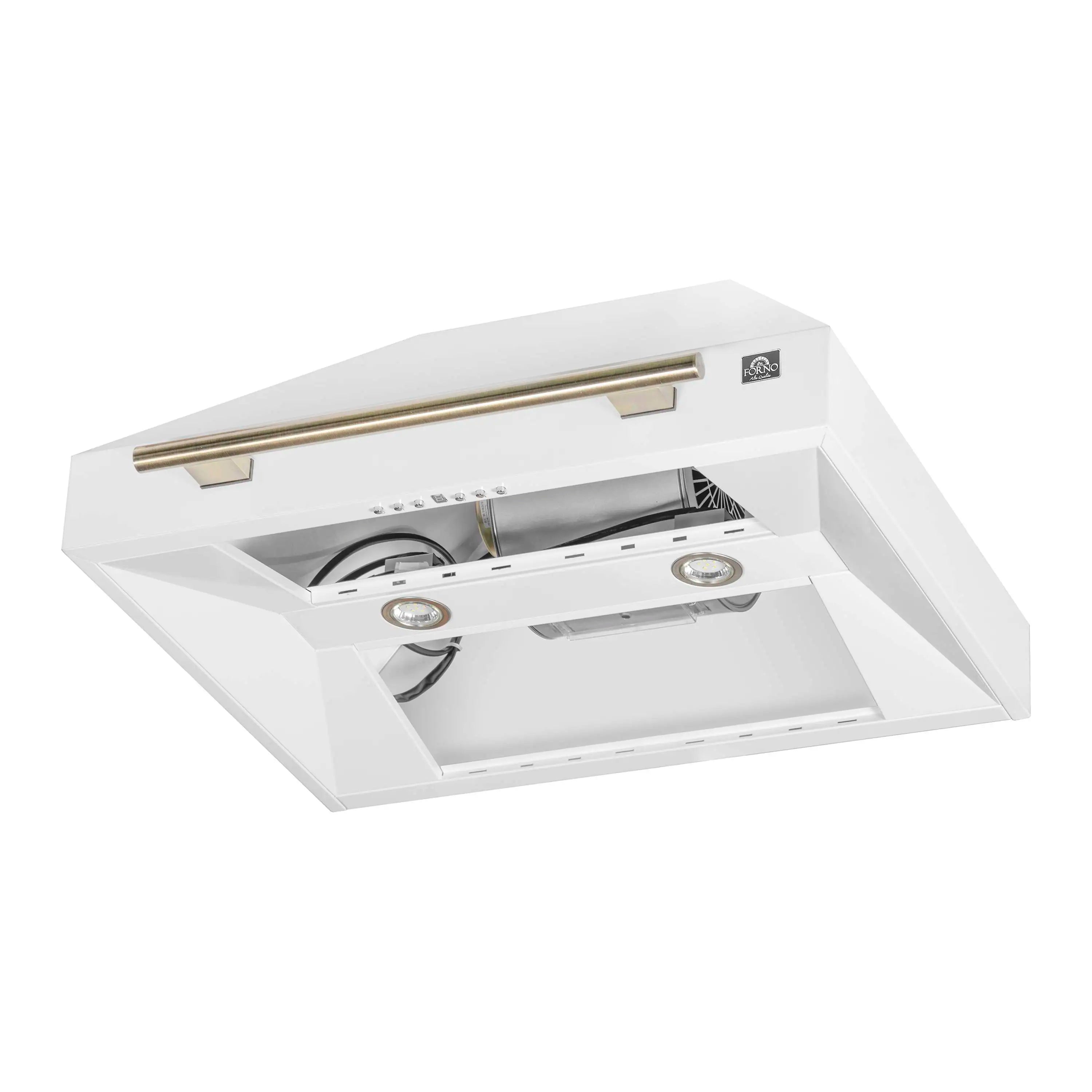 Wall mount range hood underside, white canopy with antique brass handle and baffle