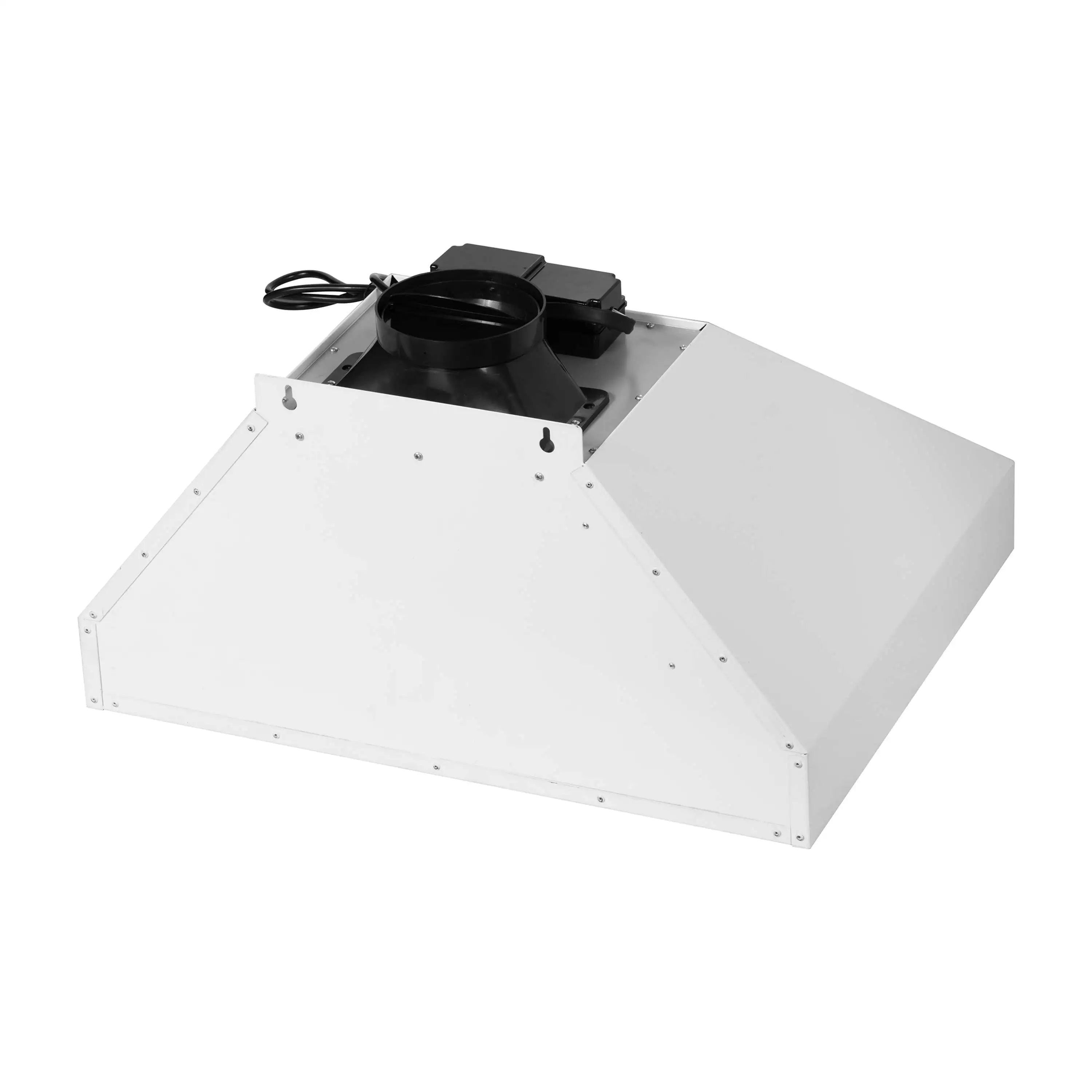 Wall mount range hood with duct opening and black vent fan