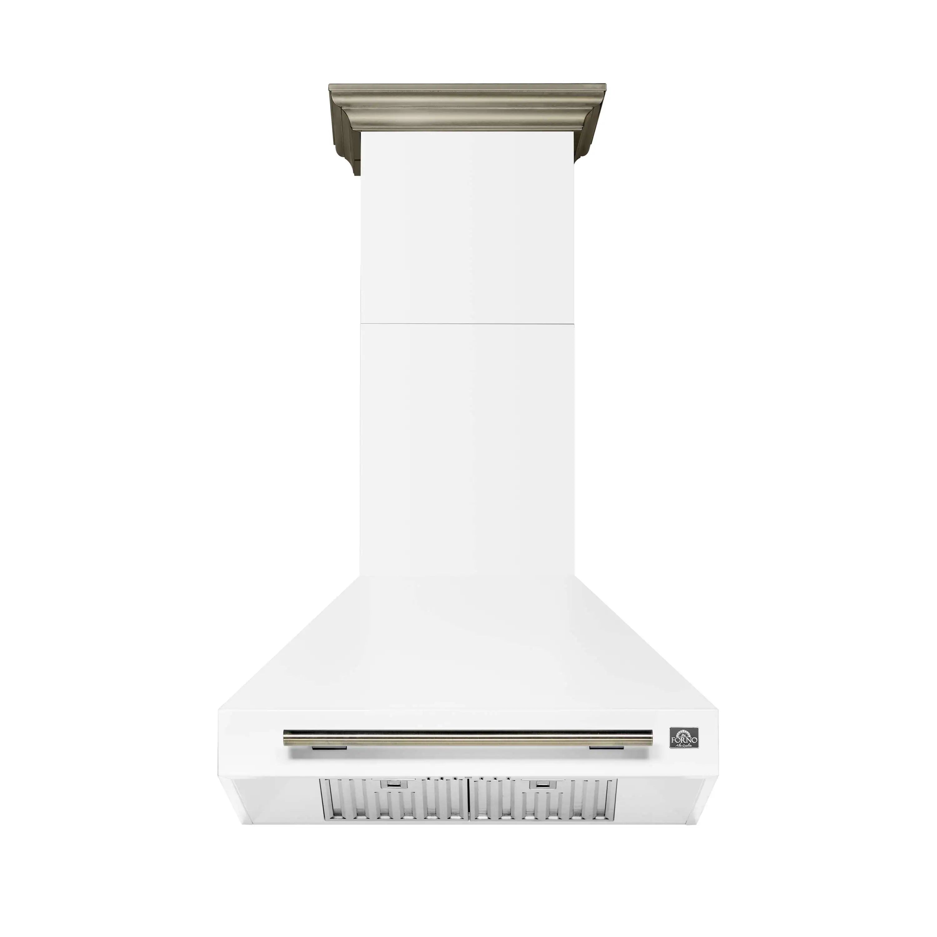 White wall range hood with brass-trim chimney and front vent opening