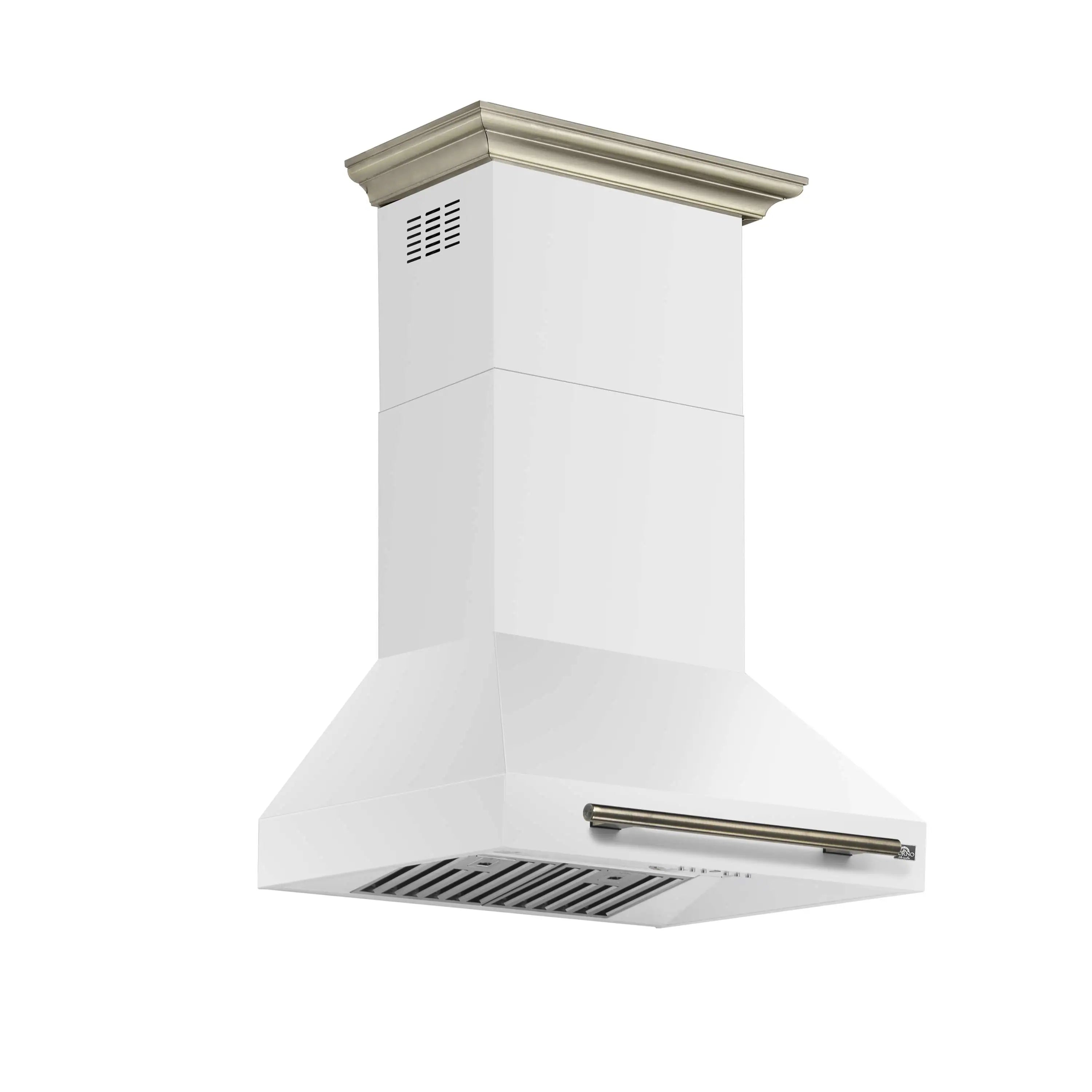 White wall chimney range hood with antique brass handle bar and vent grate