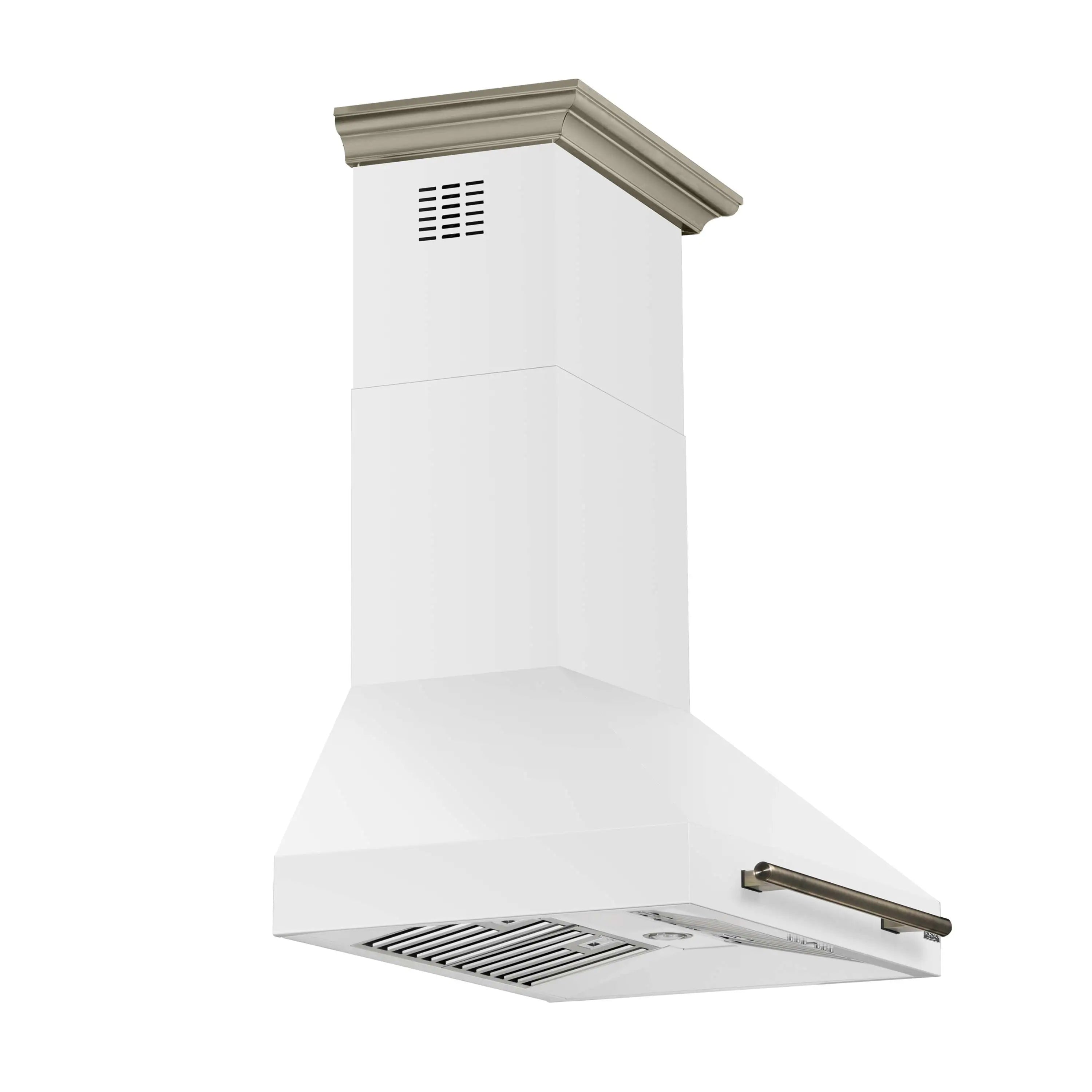 White wall-mount range hood angled view with antique brass-toned handle bar