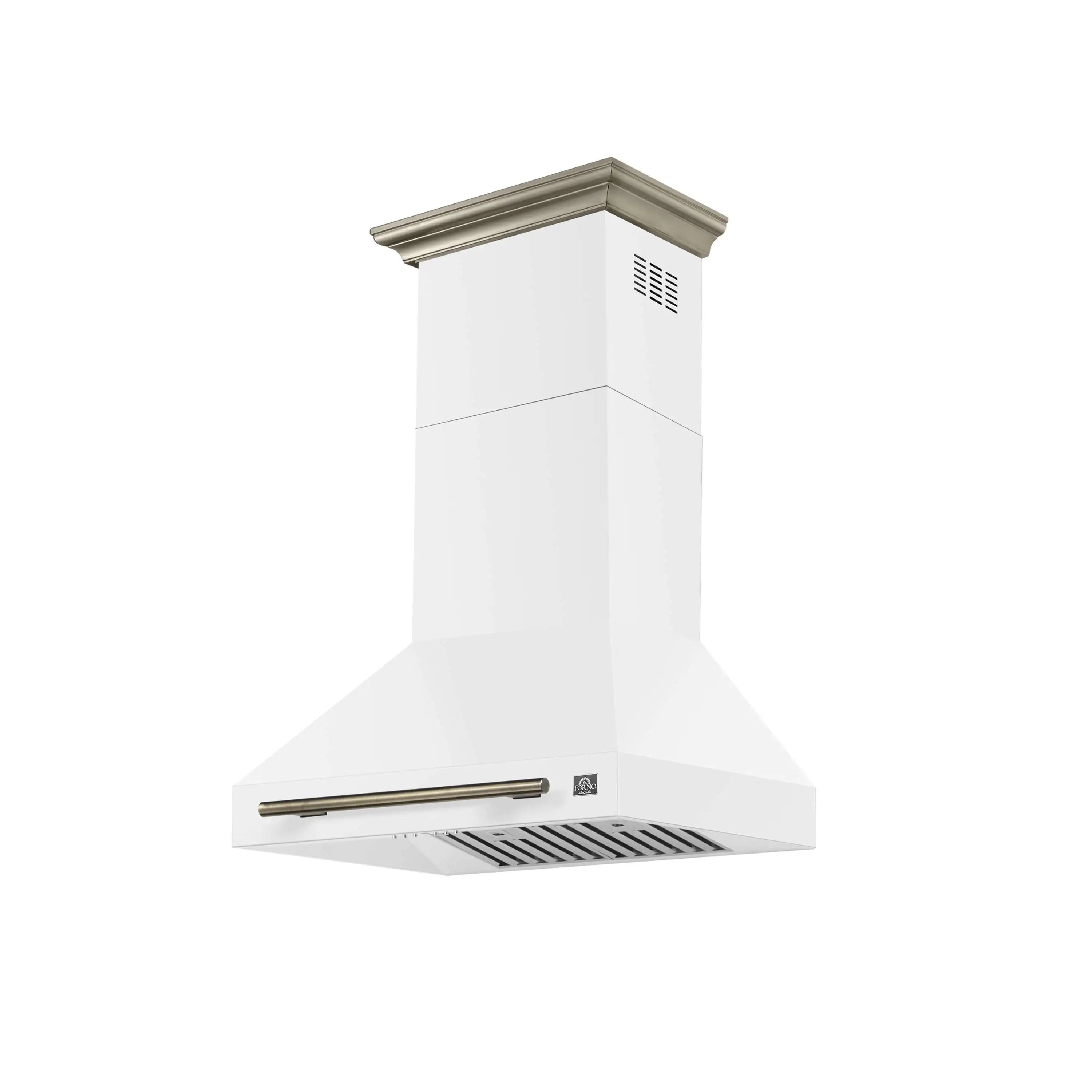 White wall chimney range hood with antique brass handle and vent grate