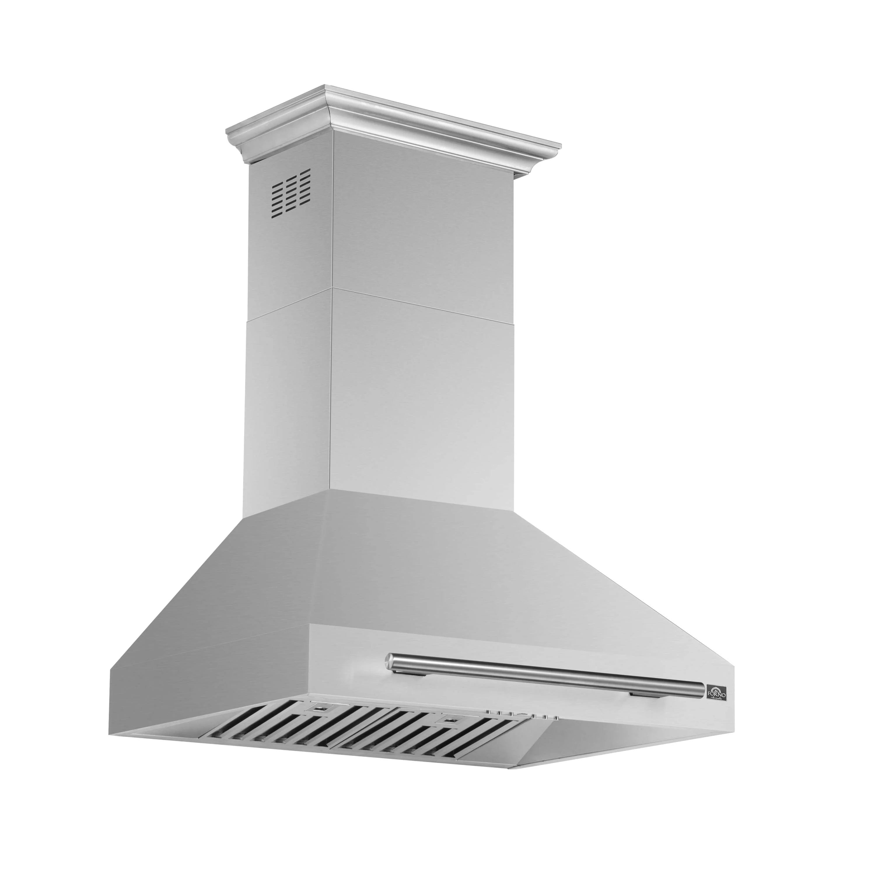 Stainless steel range hood with chimney and front vented cooking surface