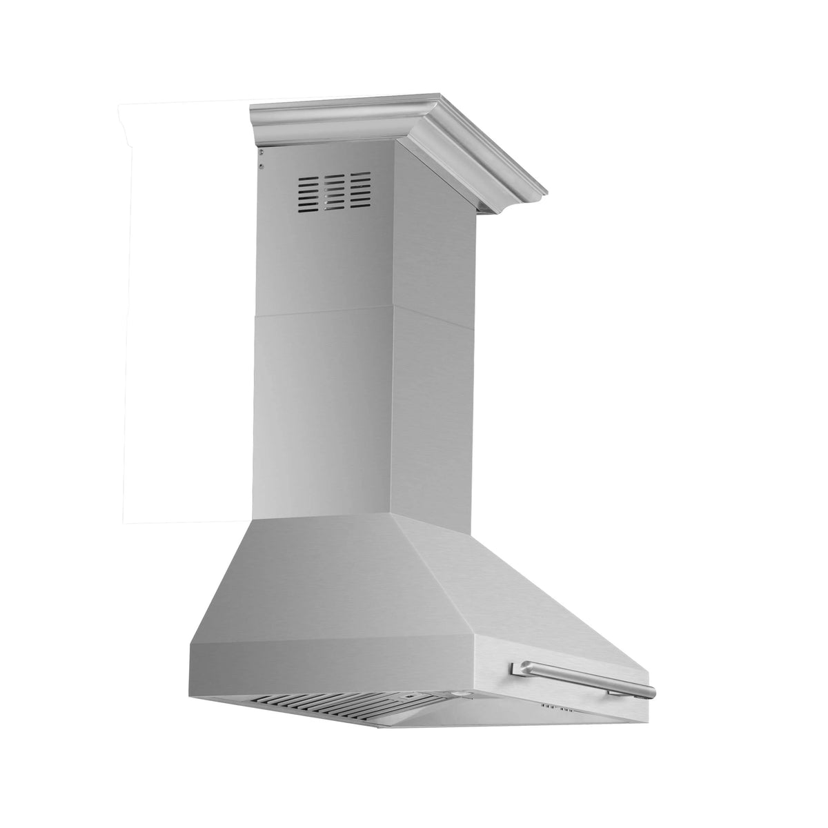 Chimney range hood with stainless body, side controls, and front vent grille