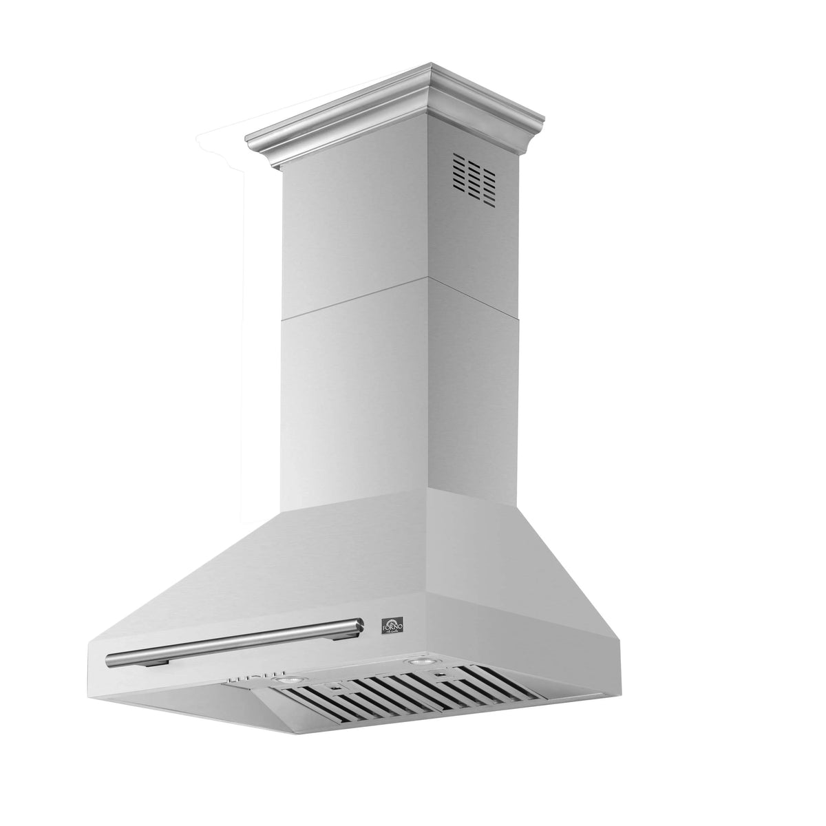 Stainless chimney range hood with sloped canopy and front vent opening