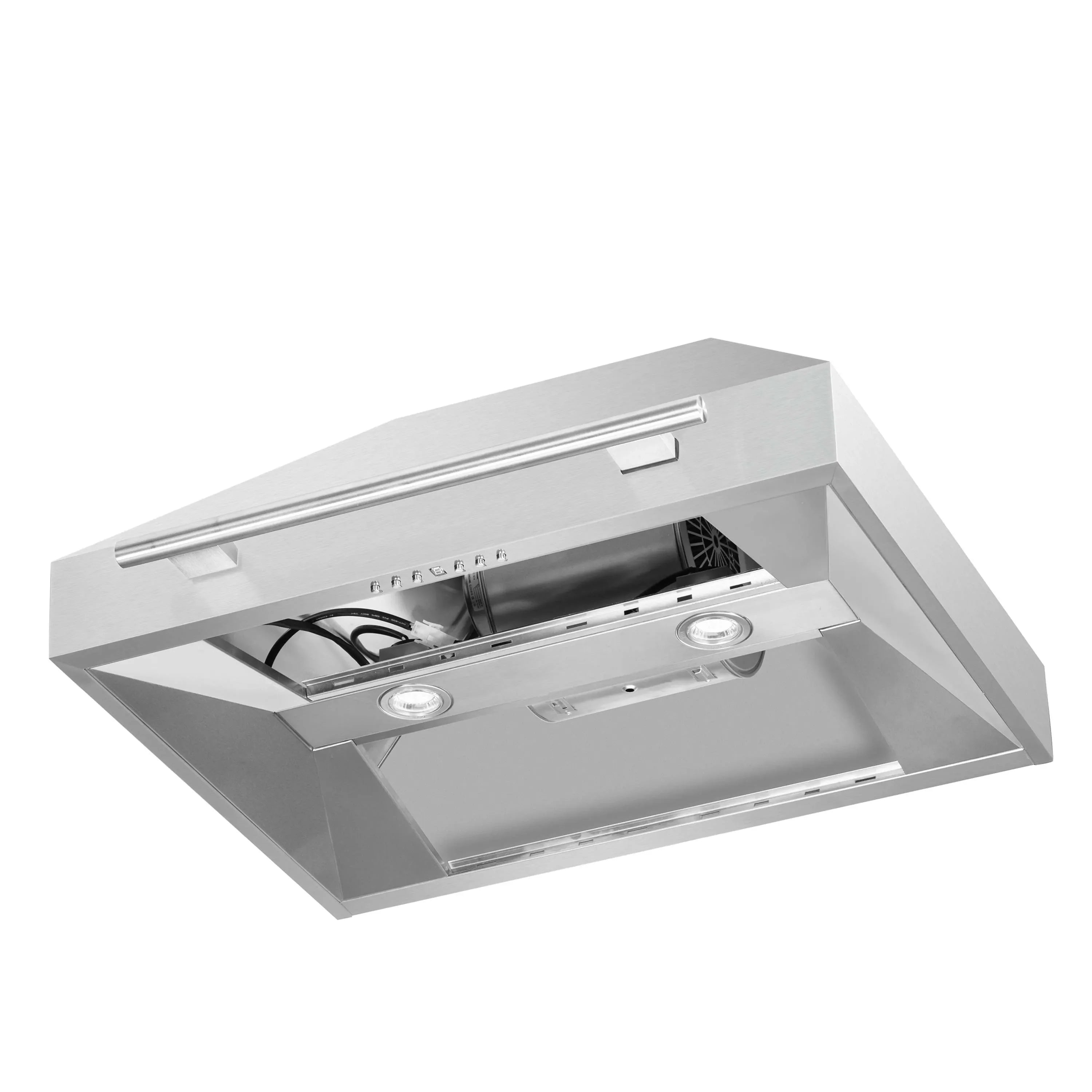 Range hood underside with two lights, baffle channels, and vent opening