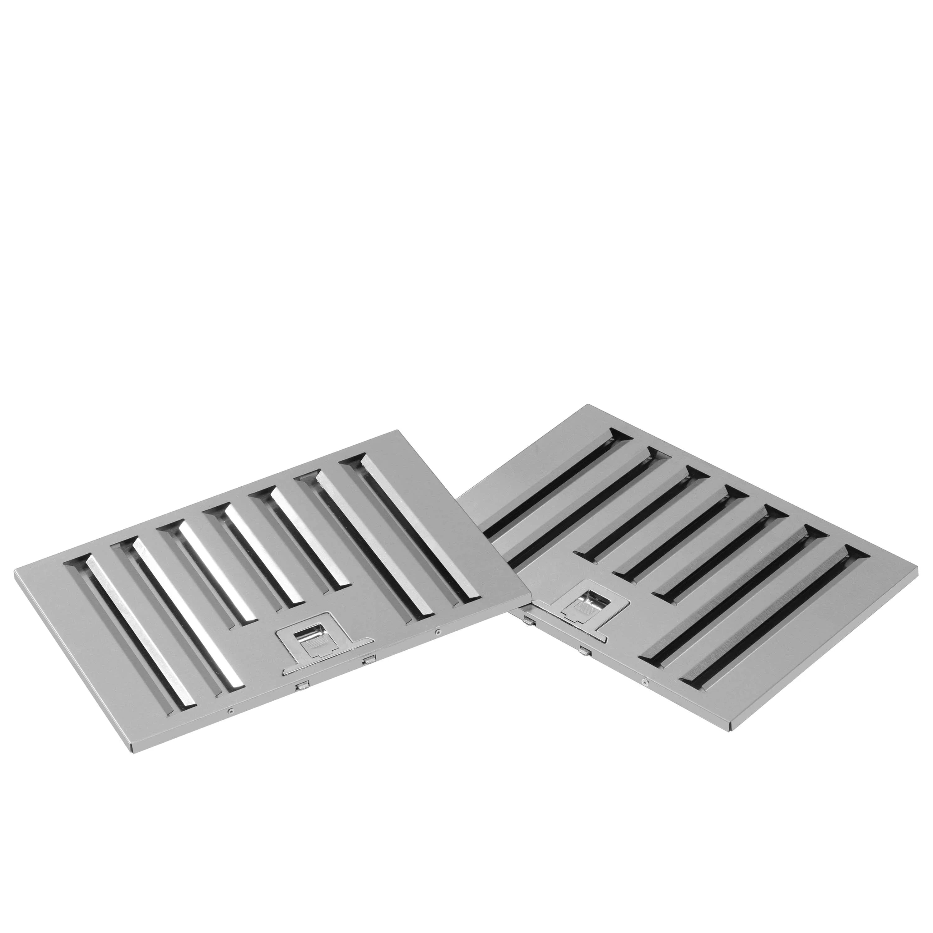 Range hood vent filters with louvered metal panels and hinged cover