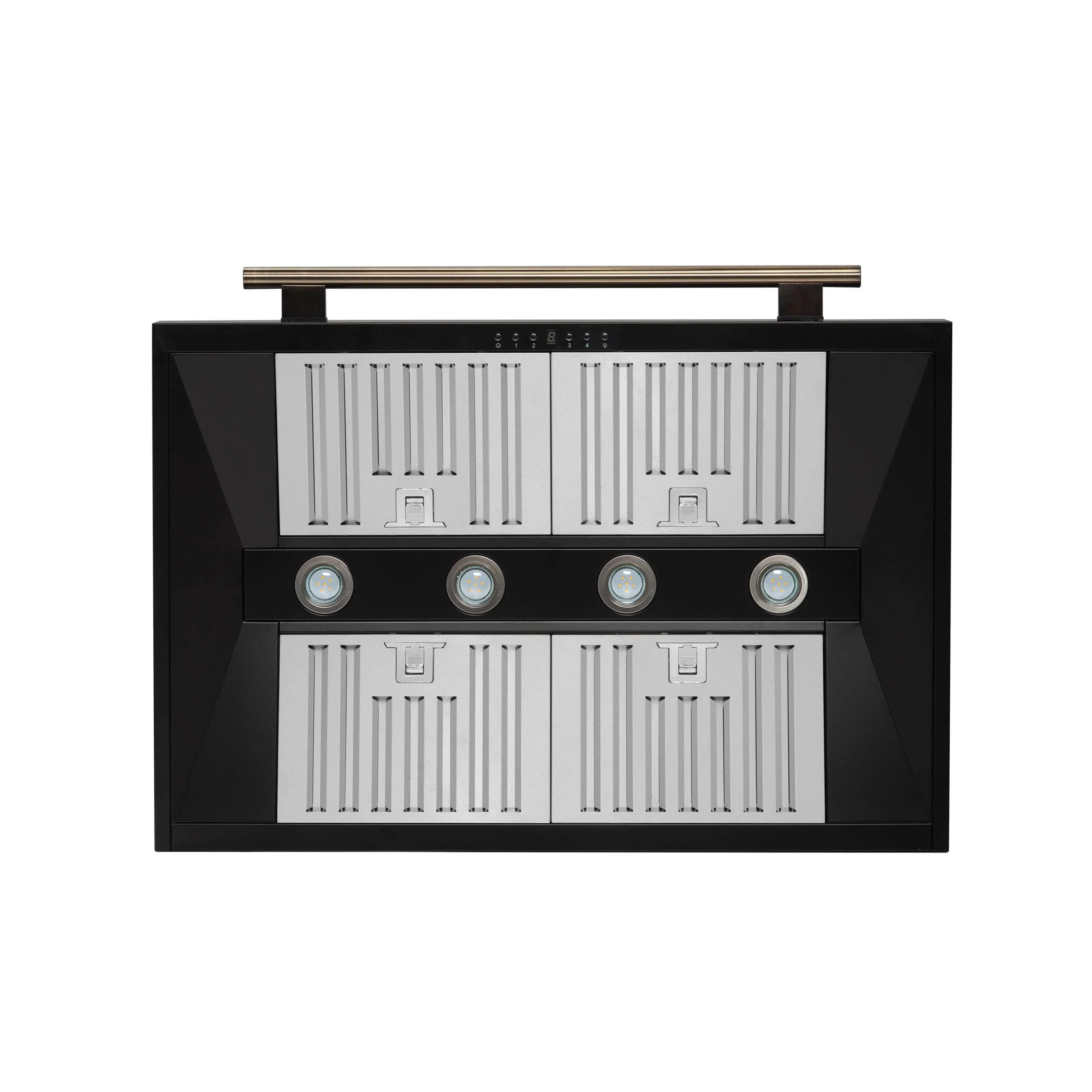 Black wall-mount range hood with four lights, vent panel, and antique brass trim
