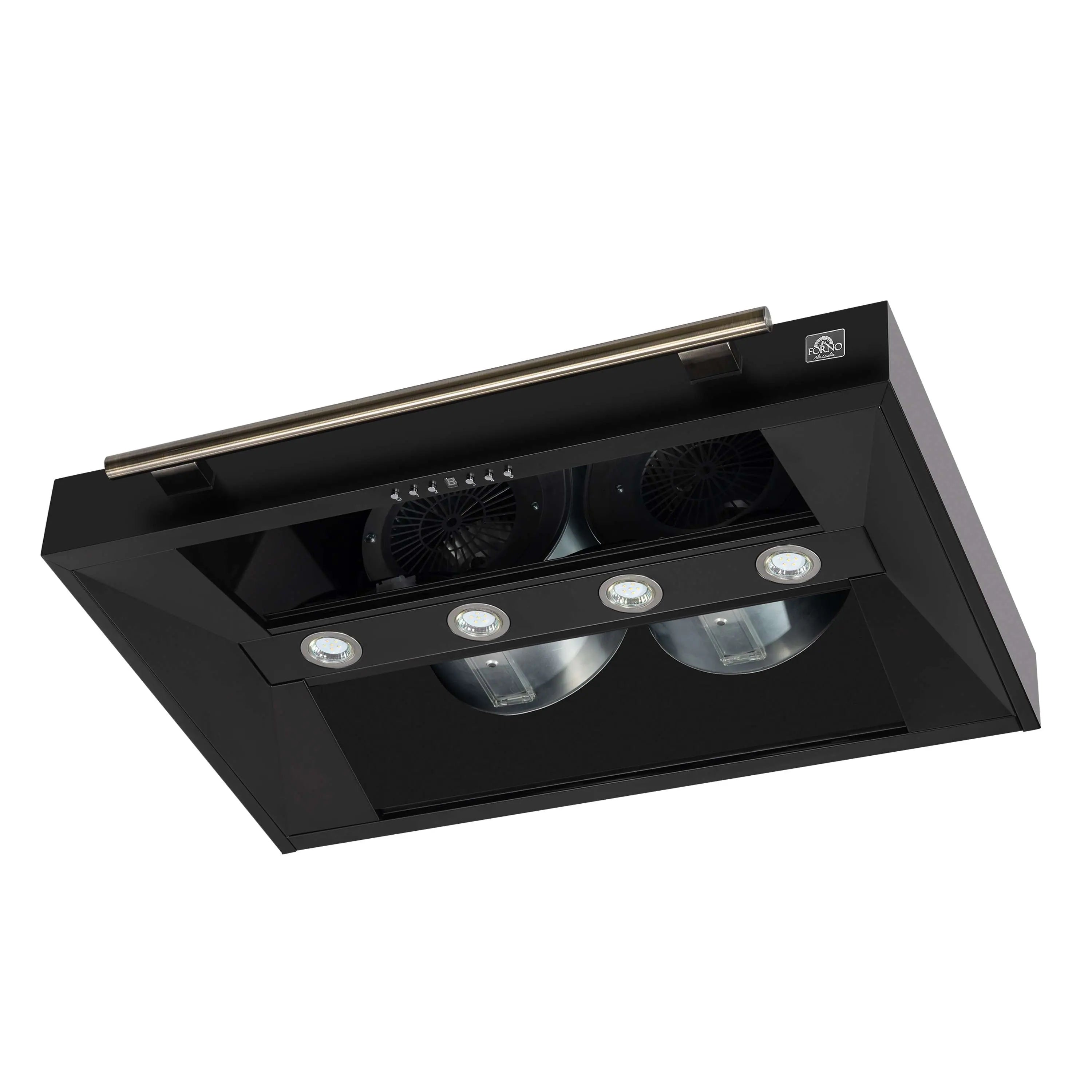 Black range hood underside with four LED lights and two fan openings