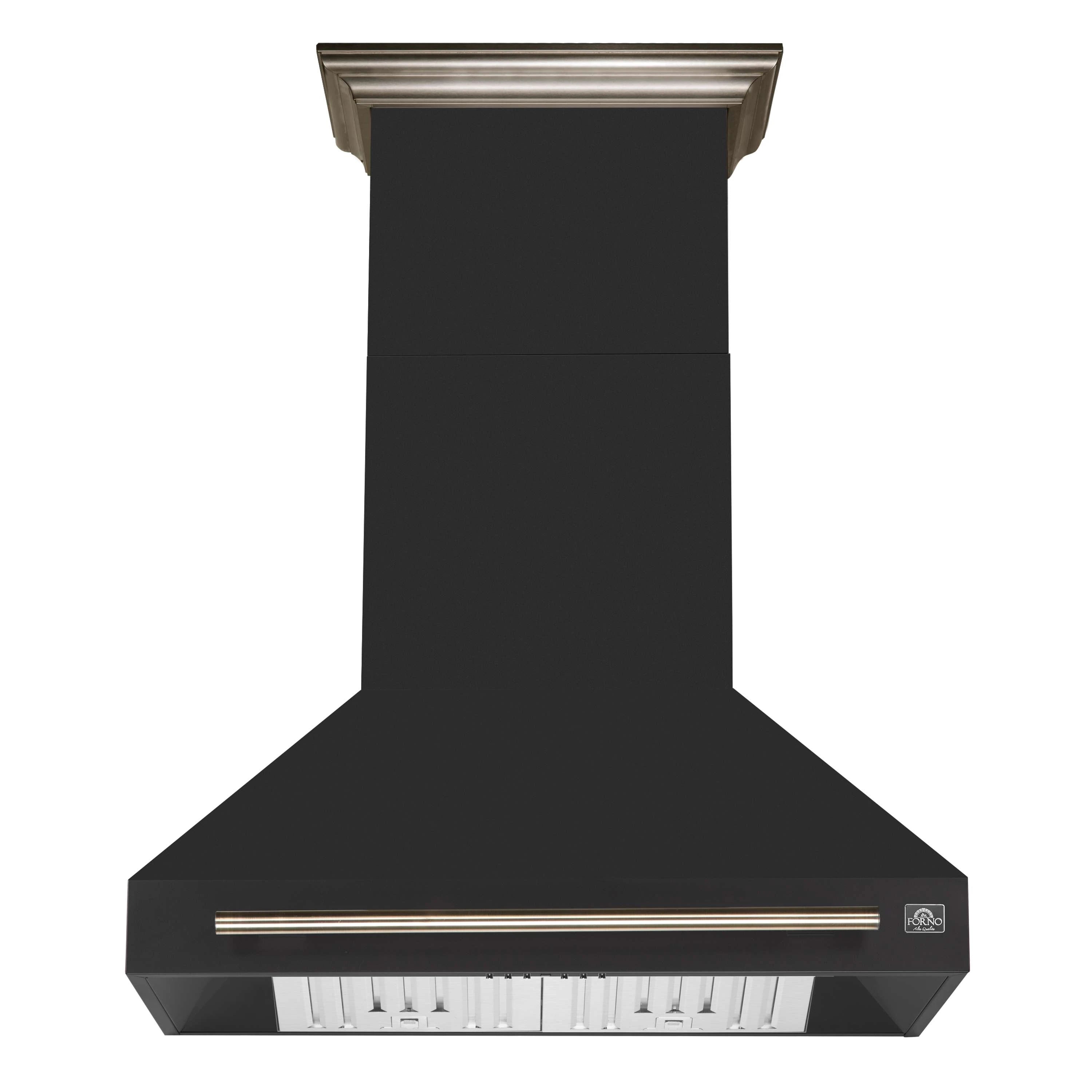36-inch black wall mount range hood with brass trim and vented filter cover