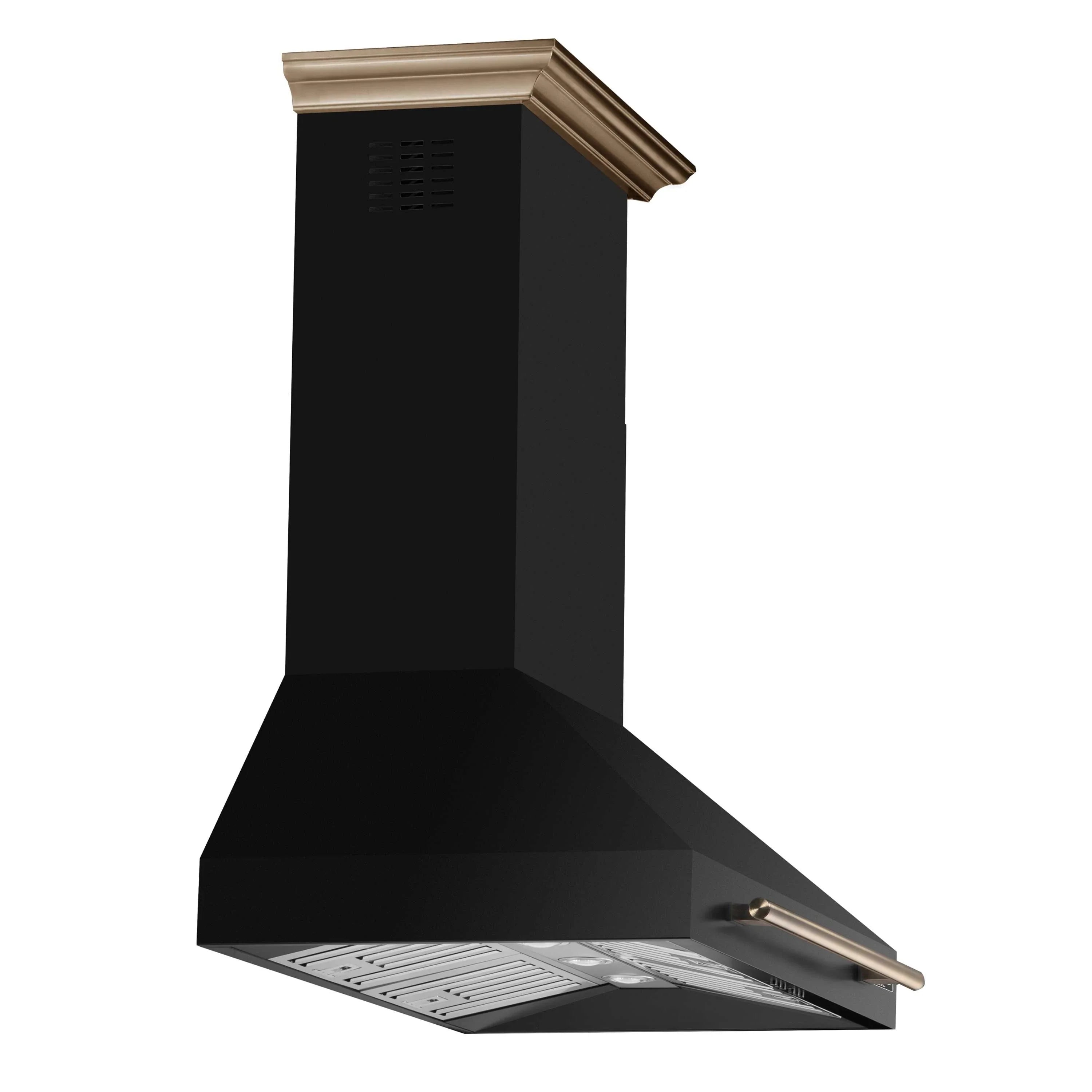 Black wall mount range hood with vent grille and antique brass handle