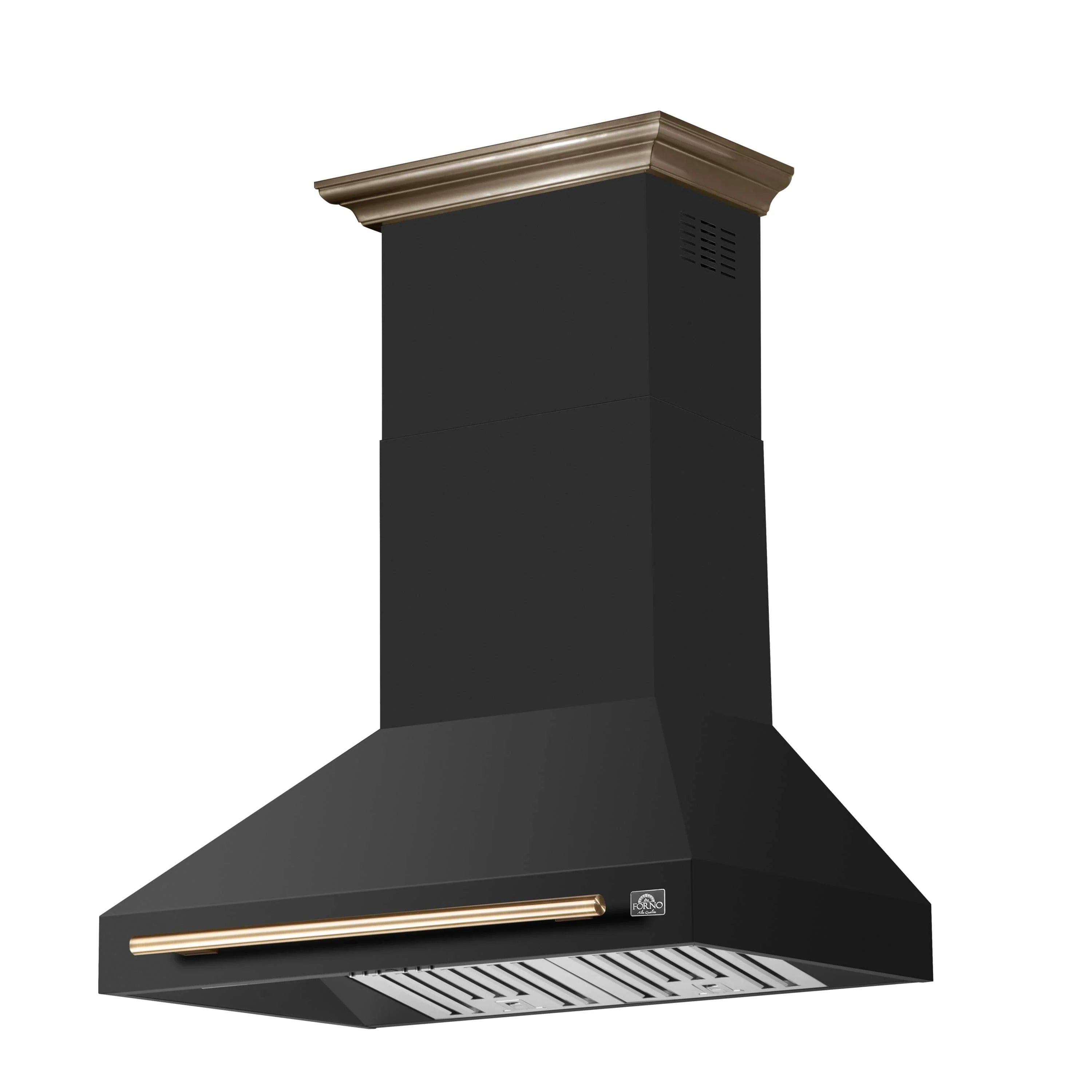 Wall-mount range hood in matte black with antique brass handle rail and vent grates