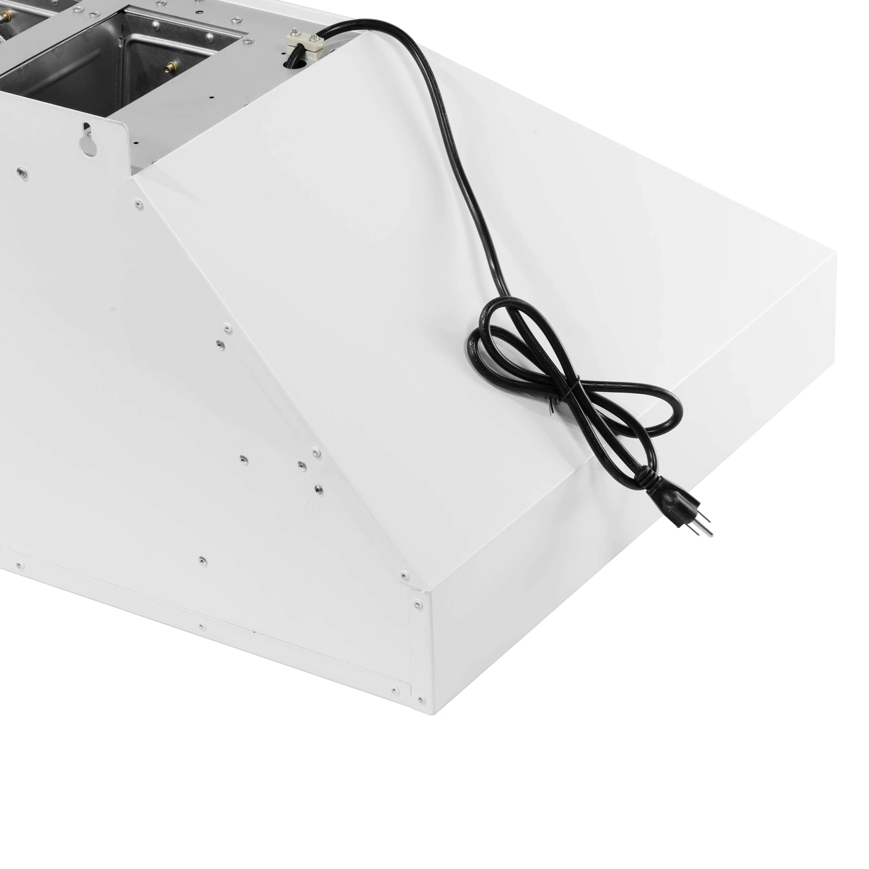Microwave drawer underside with power cord and mounting plate, white finish
