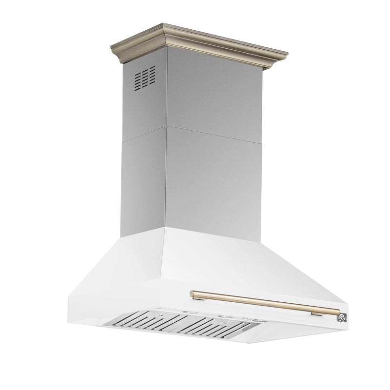 Forno Aria 36-Inch Wall Mount Range Hood in White with Brass Handle (FRHWM5095-36WHT)