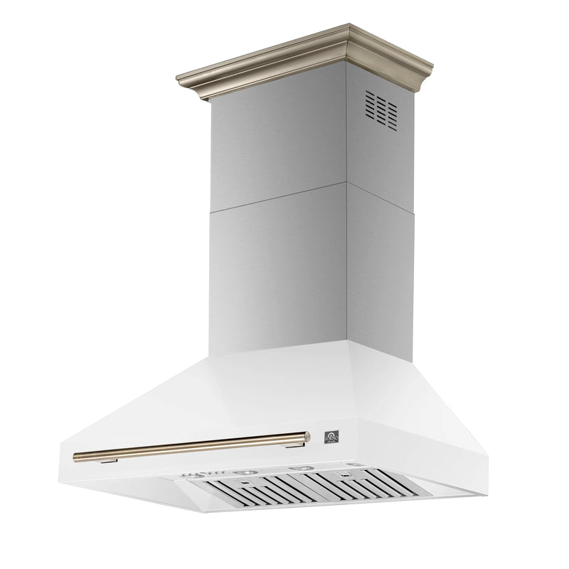 Forno Aria 36-Inch Wall Mount Range Hood in White with Brass Handle (FRHWM5095-36WHT)