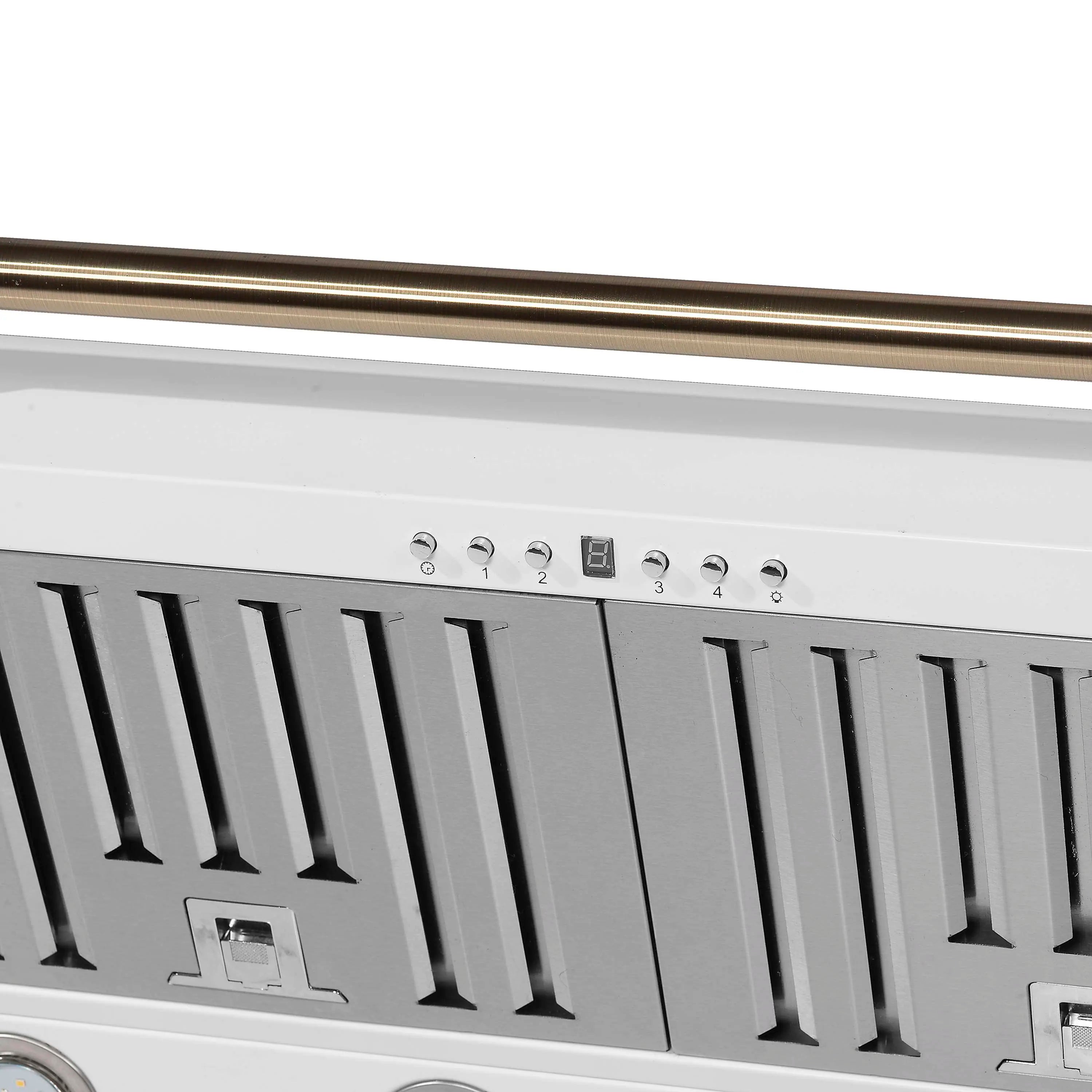 Range hood control panel close-up with numbered knobs along brass trim bar