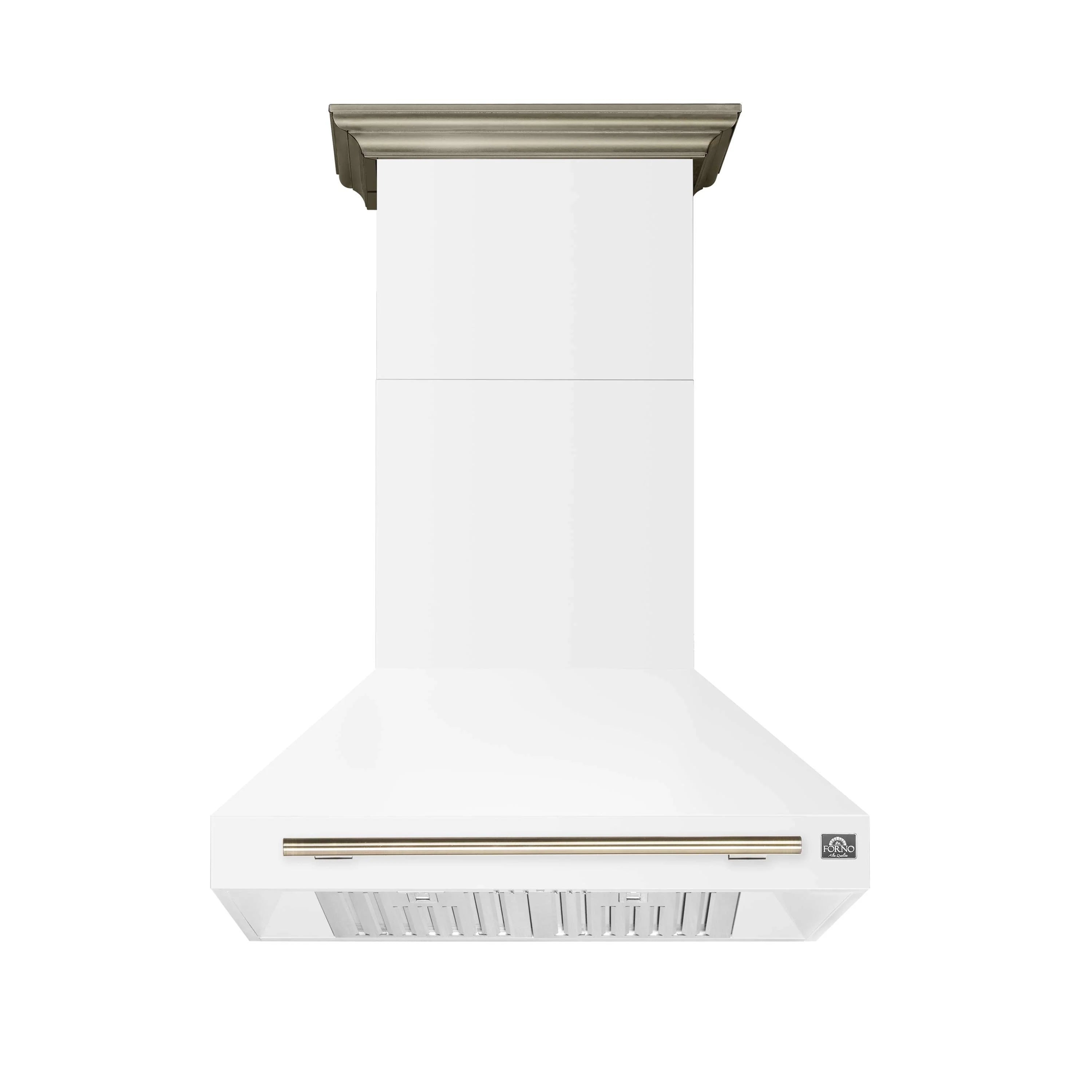 White wall range hood with antique brass trim and under-hood vent panel