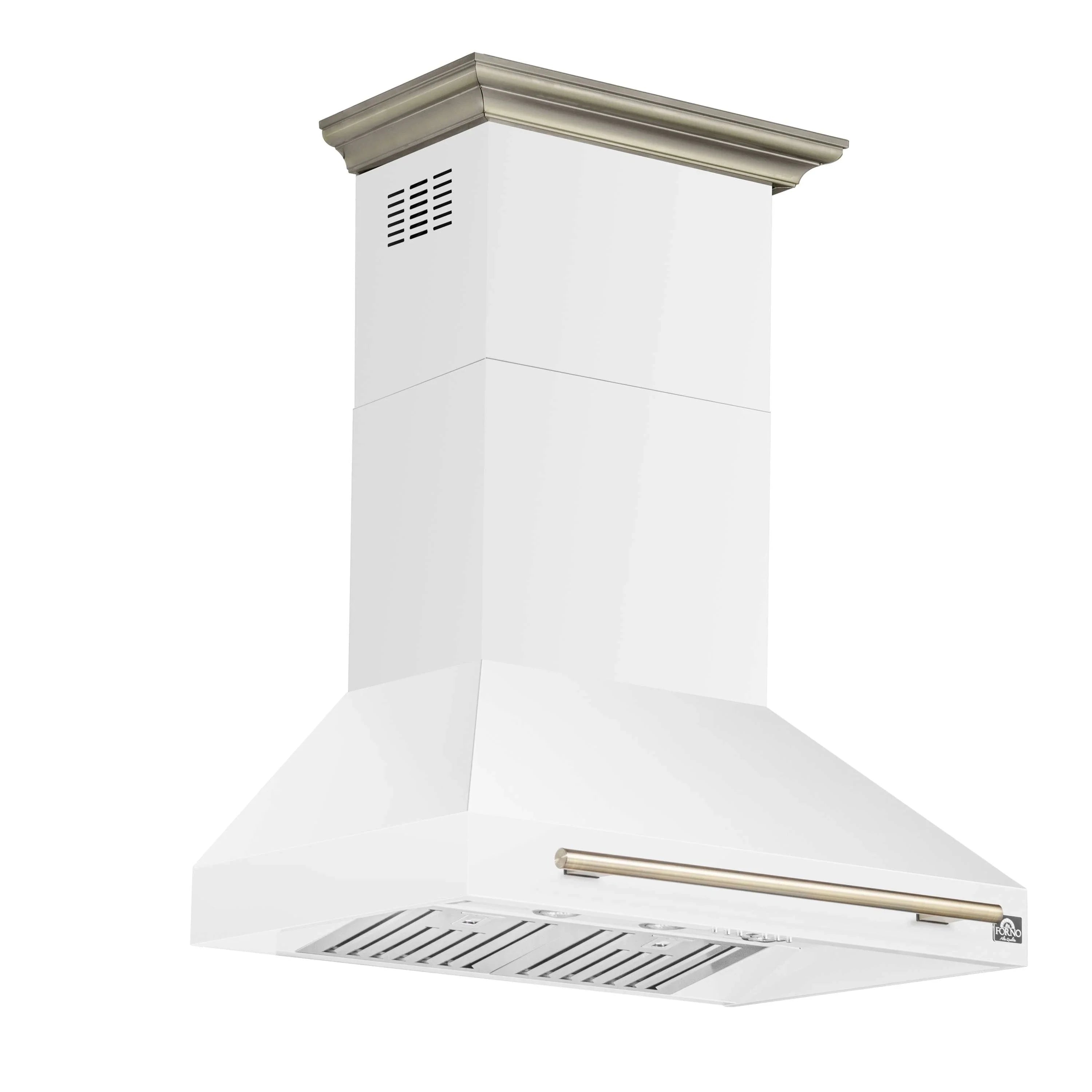 White wall-mount range hood with antique brass chimney top and front vent