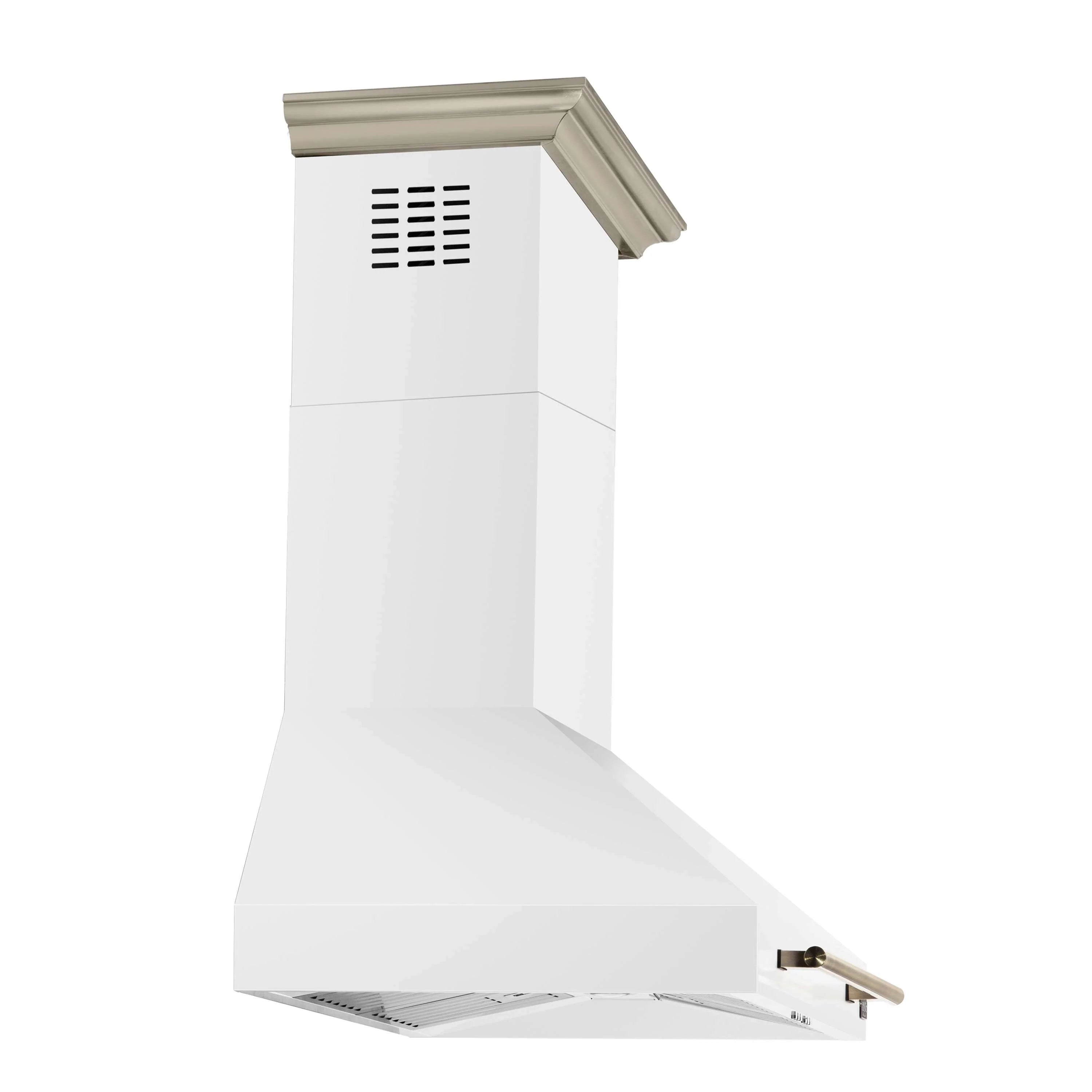 White wall-mount range hood with antique brass trim, slotted fan vent, and light