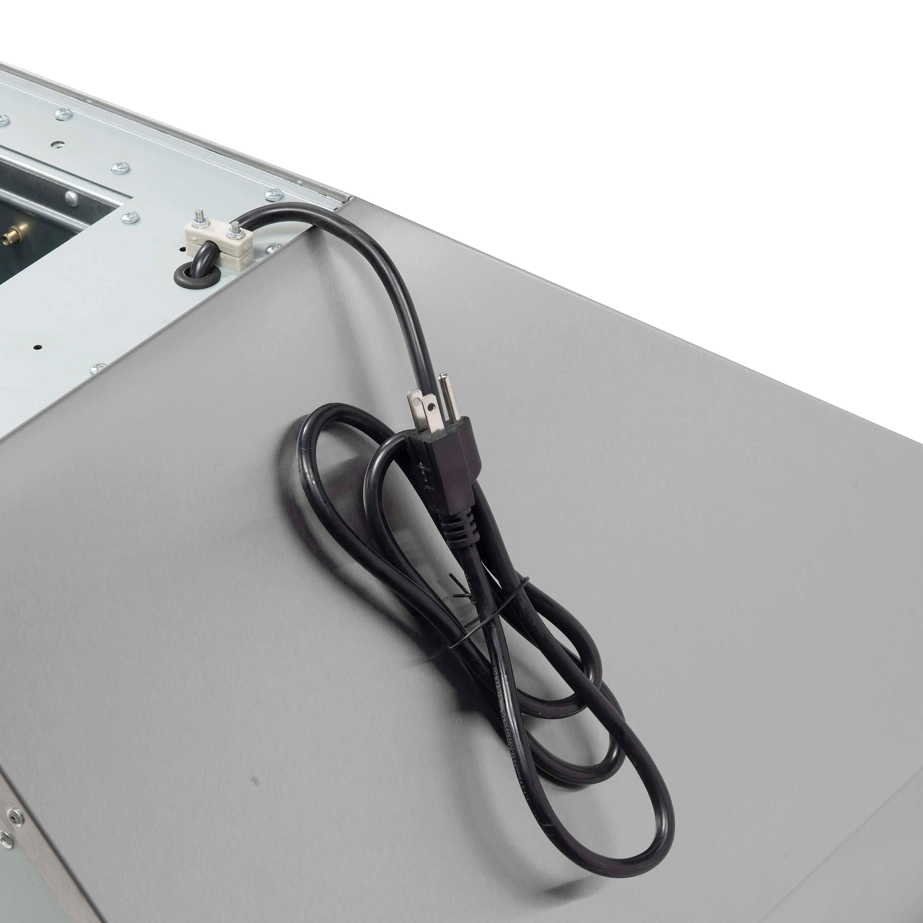 Stainless steel range hood power cord and wiring connector on back panel