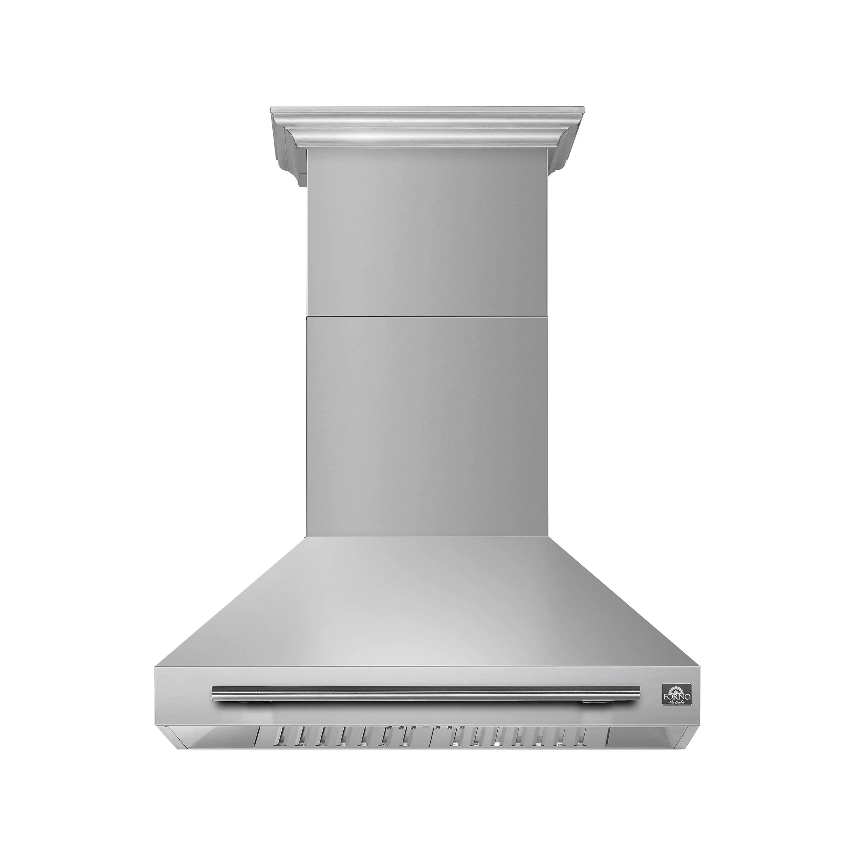 Stainless steel wall mount range hood with wide chimney-style canopy