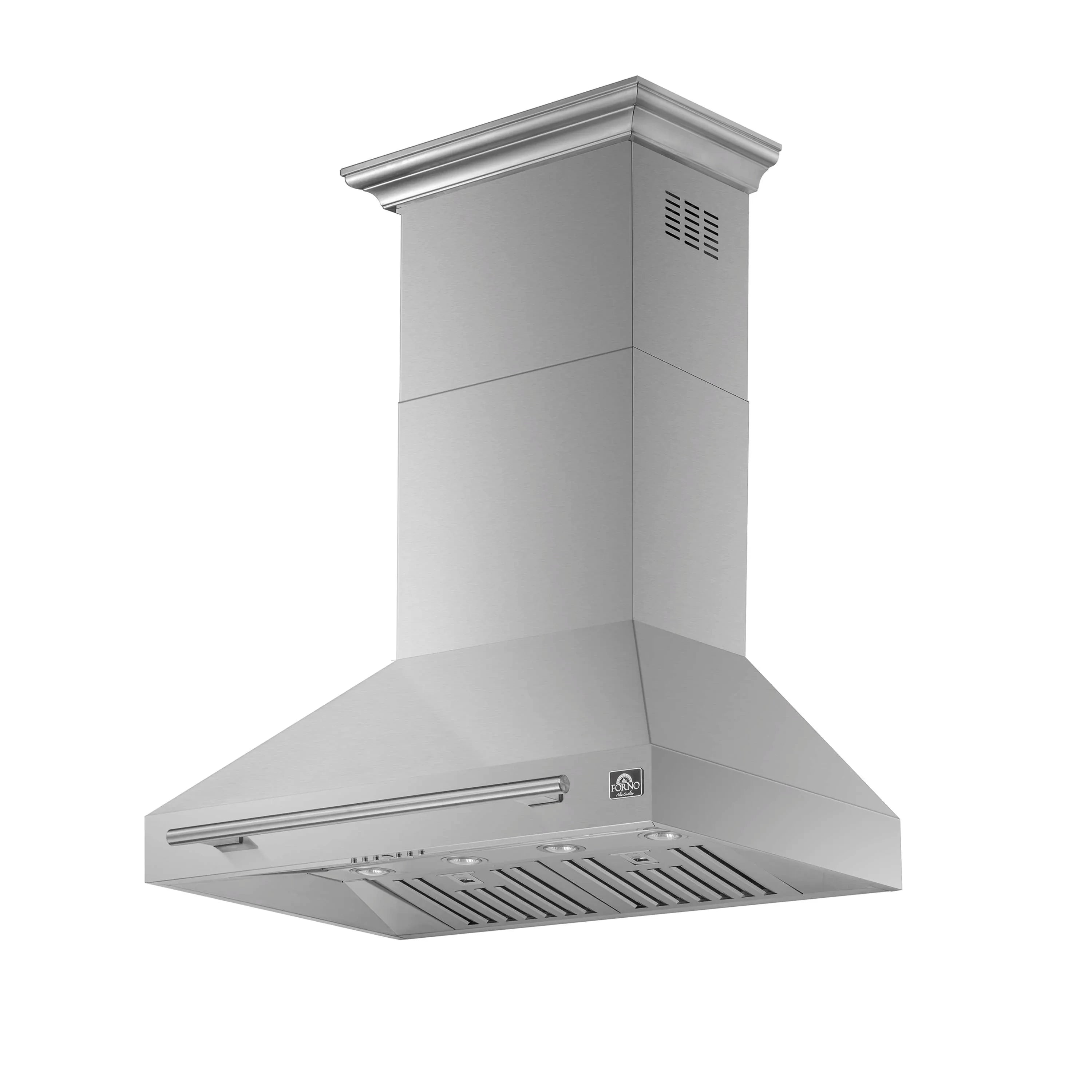 Stainless steel wall mount range hood canopy with vent slats and side badge
