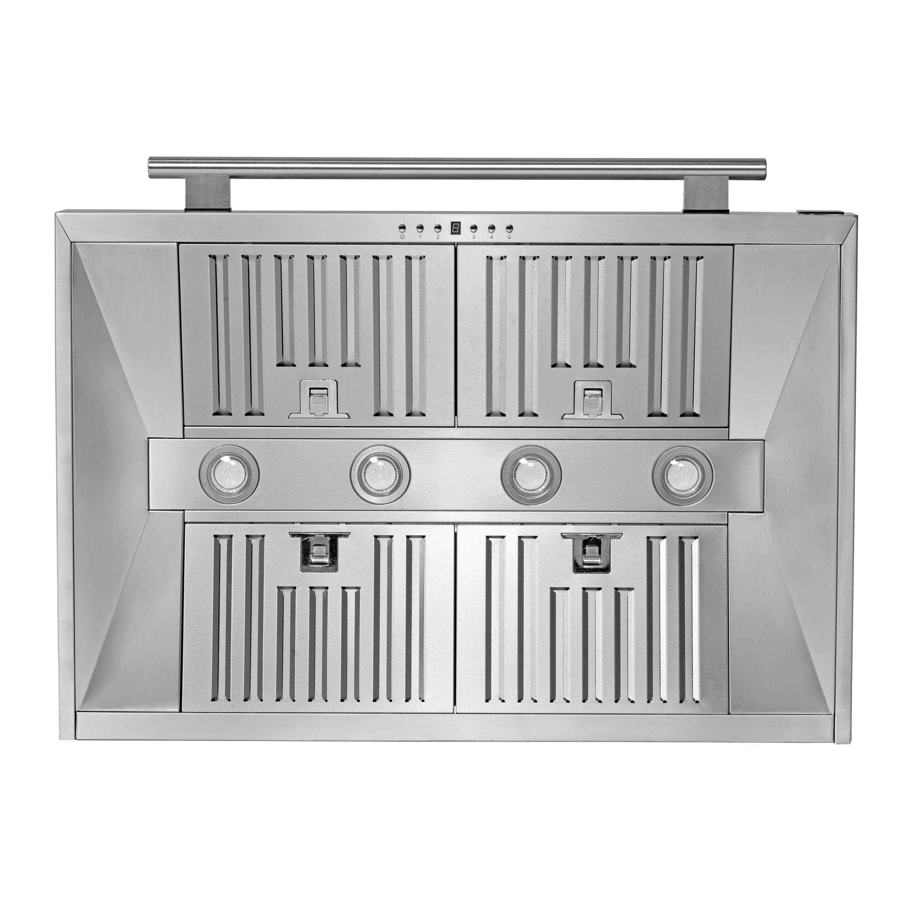 Stainless steel range hood front panel with control buttons and circular knob details.