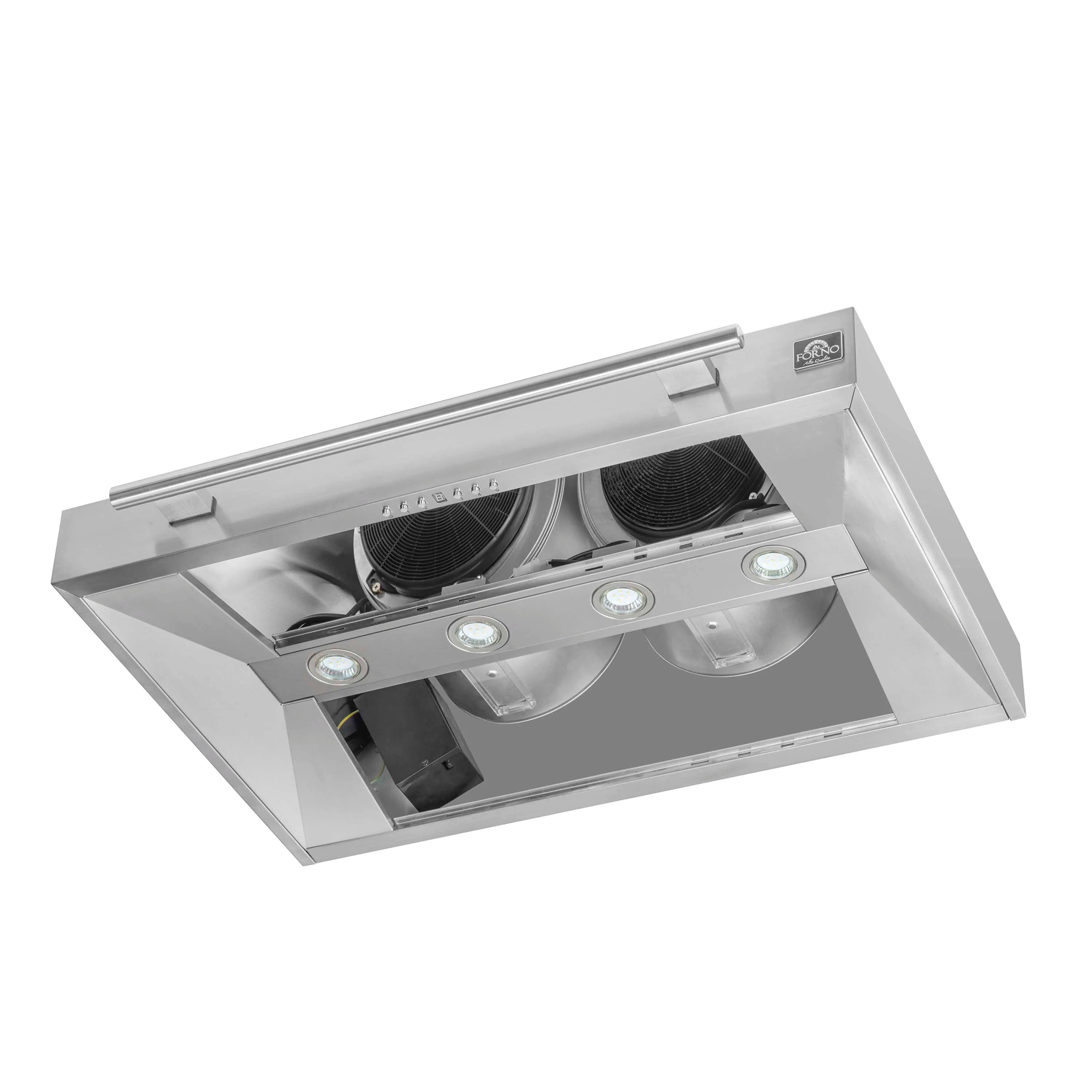 Range hood underside view with built-in lights and removable baffle filter area.