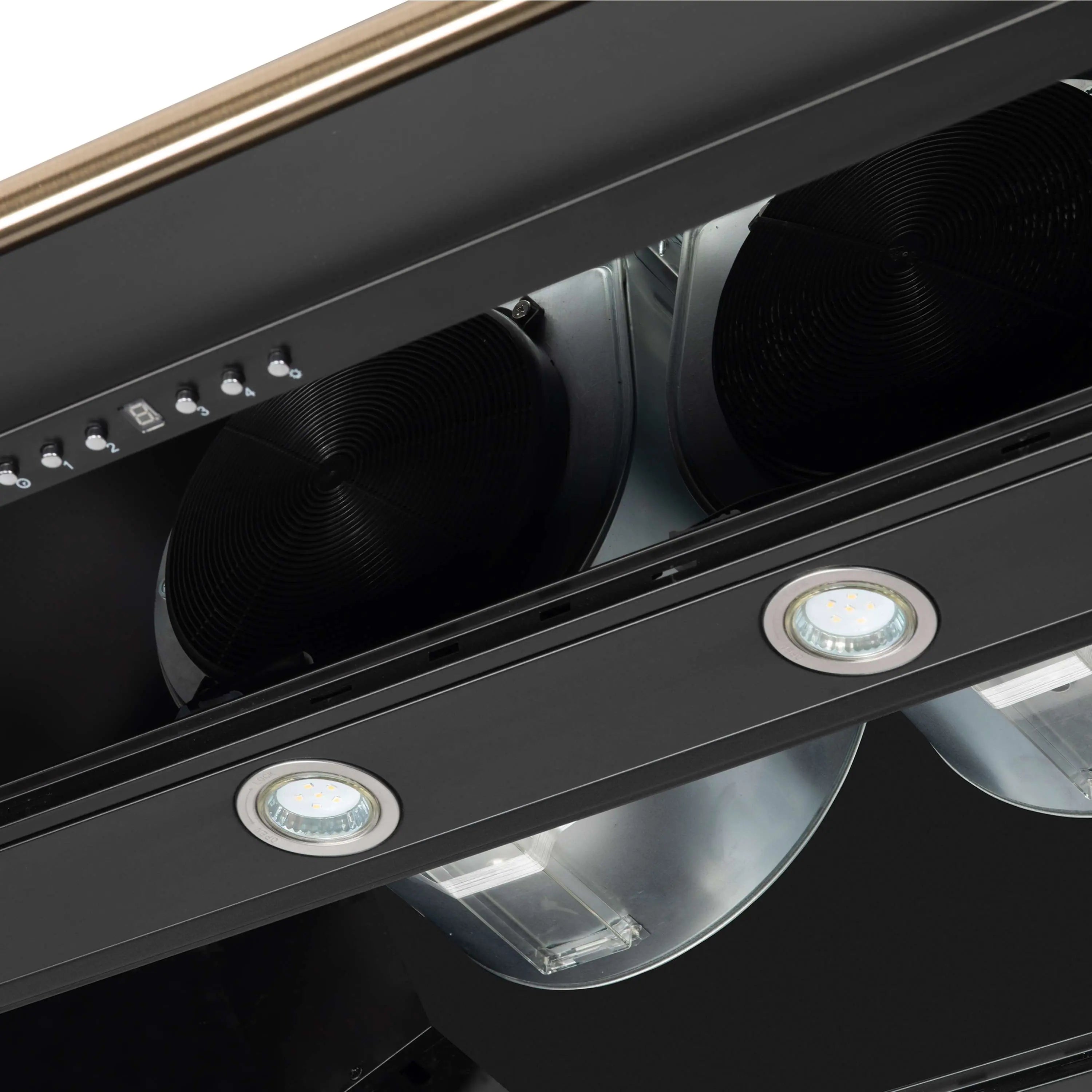 Black range hood interior with two circular LED lights and fan duct openings