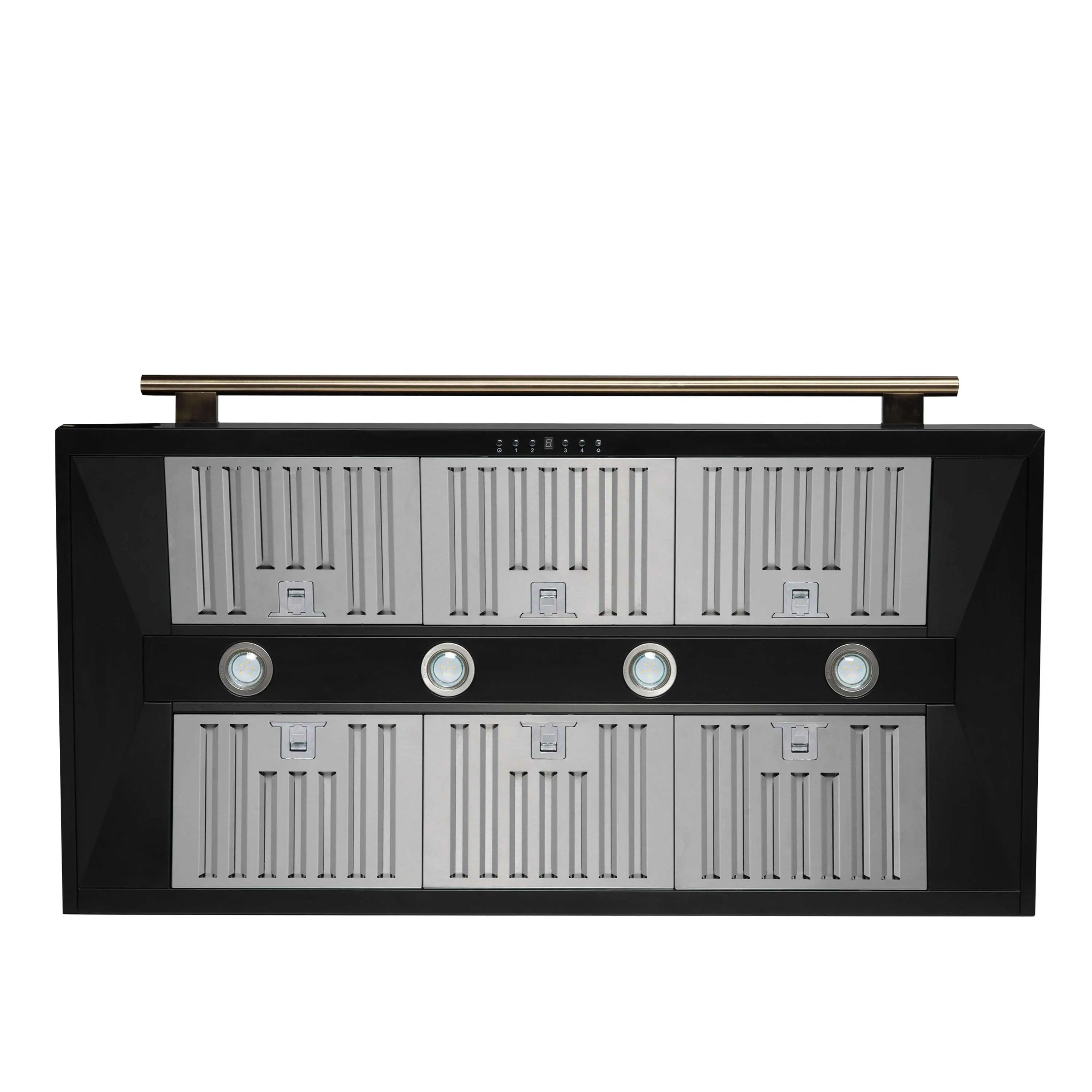 Black dual-fuel range control panel with backlit knobs and stainless accent strips