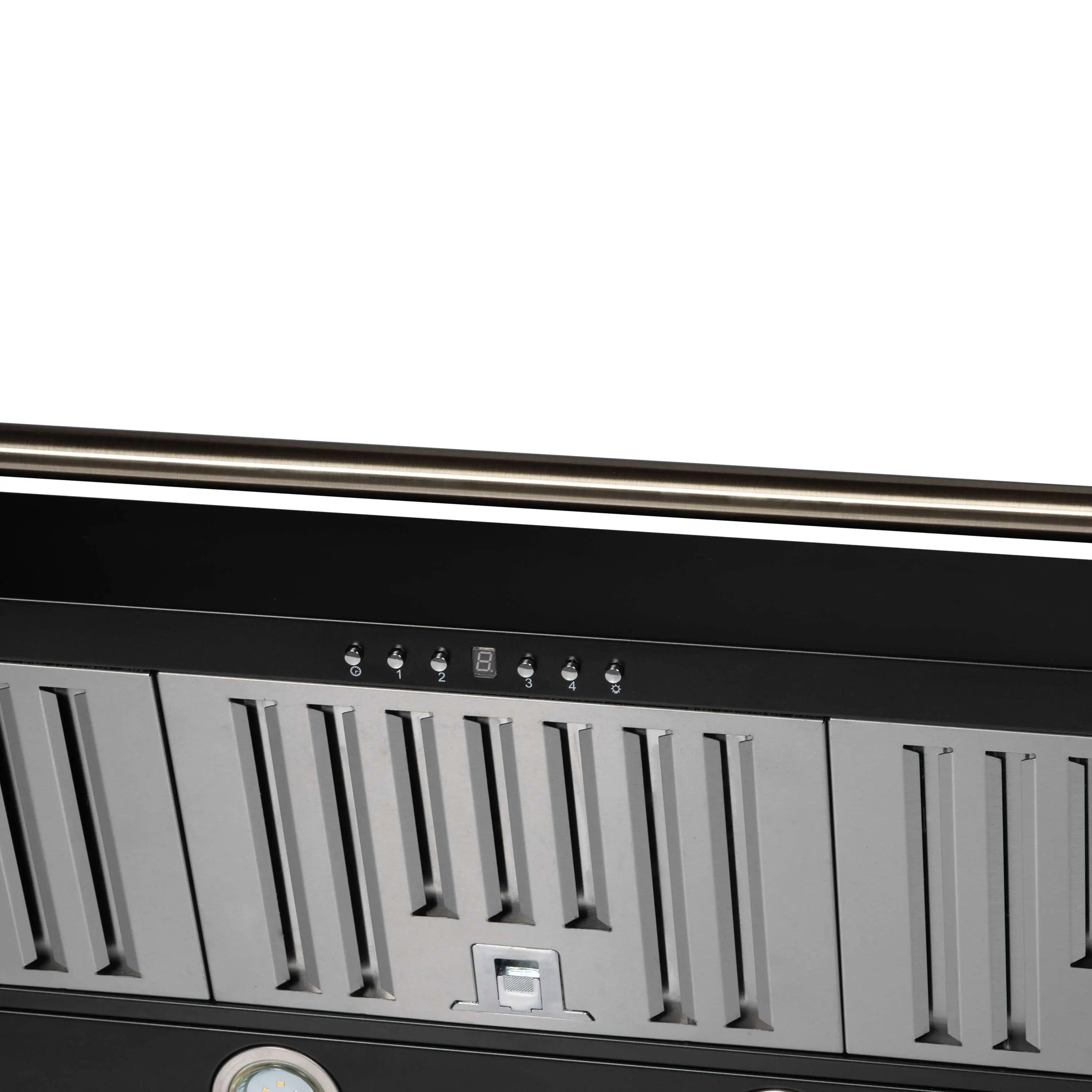 Black gas range control panel with knobs and burner indicator lights