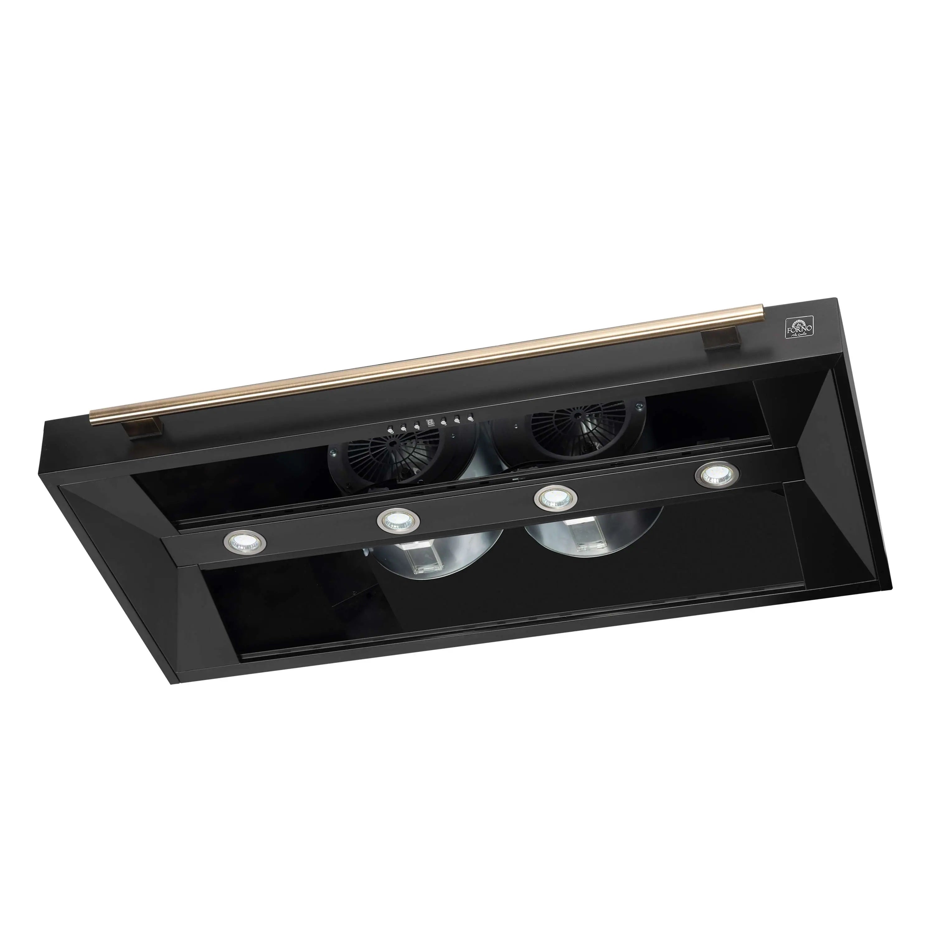 Black wall mount range hood with vent grille and inset lights