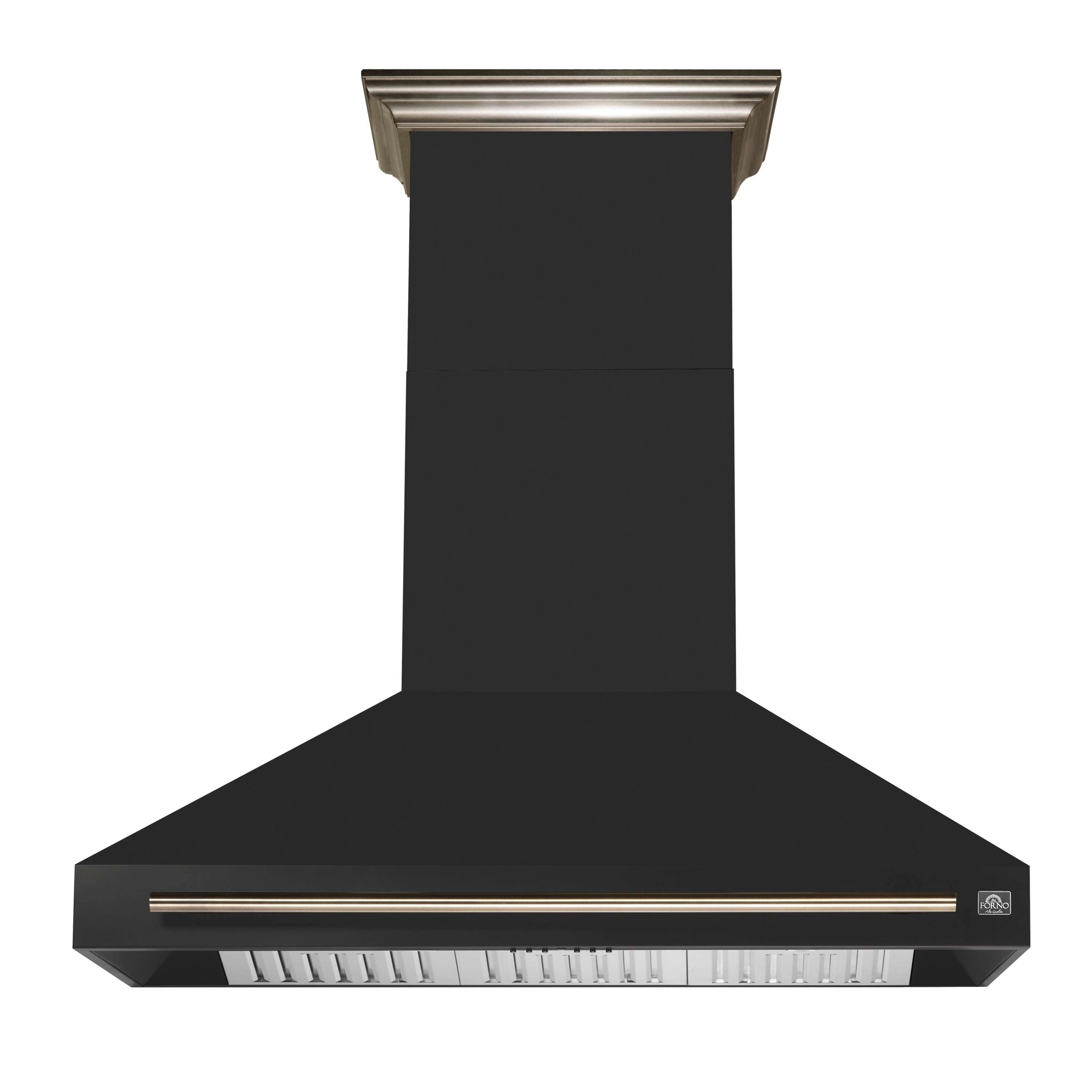 Black wall mount range hood with brass trim and vented stainless baffle filter