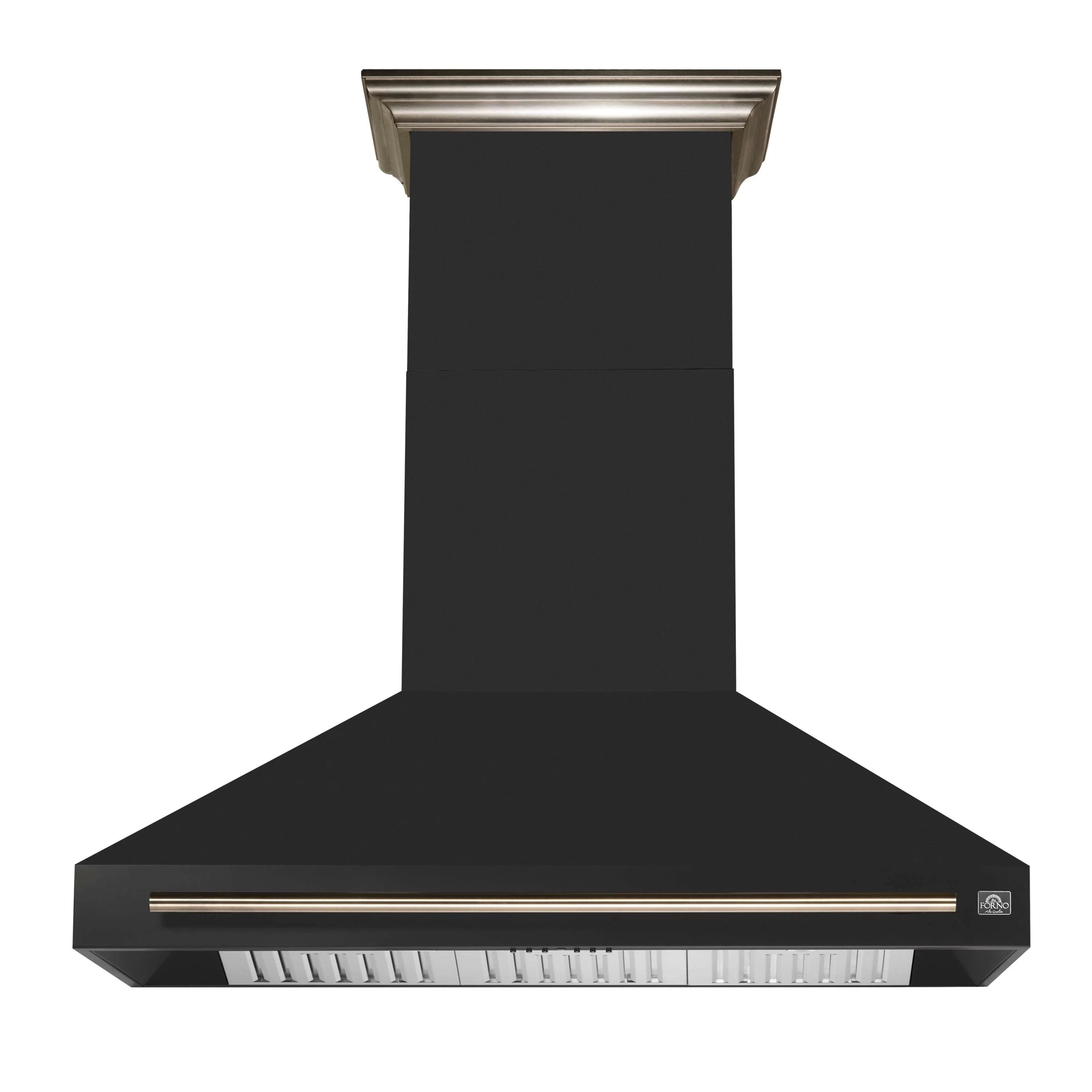 Black wall-mounted range hood with brushed brass accent strip and vent grates