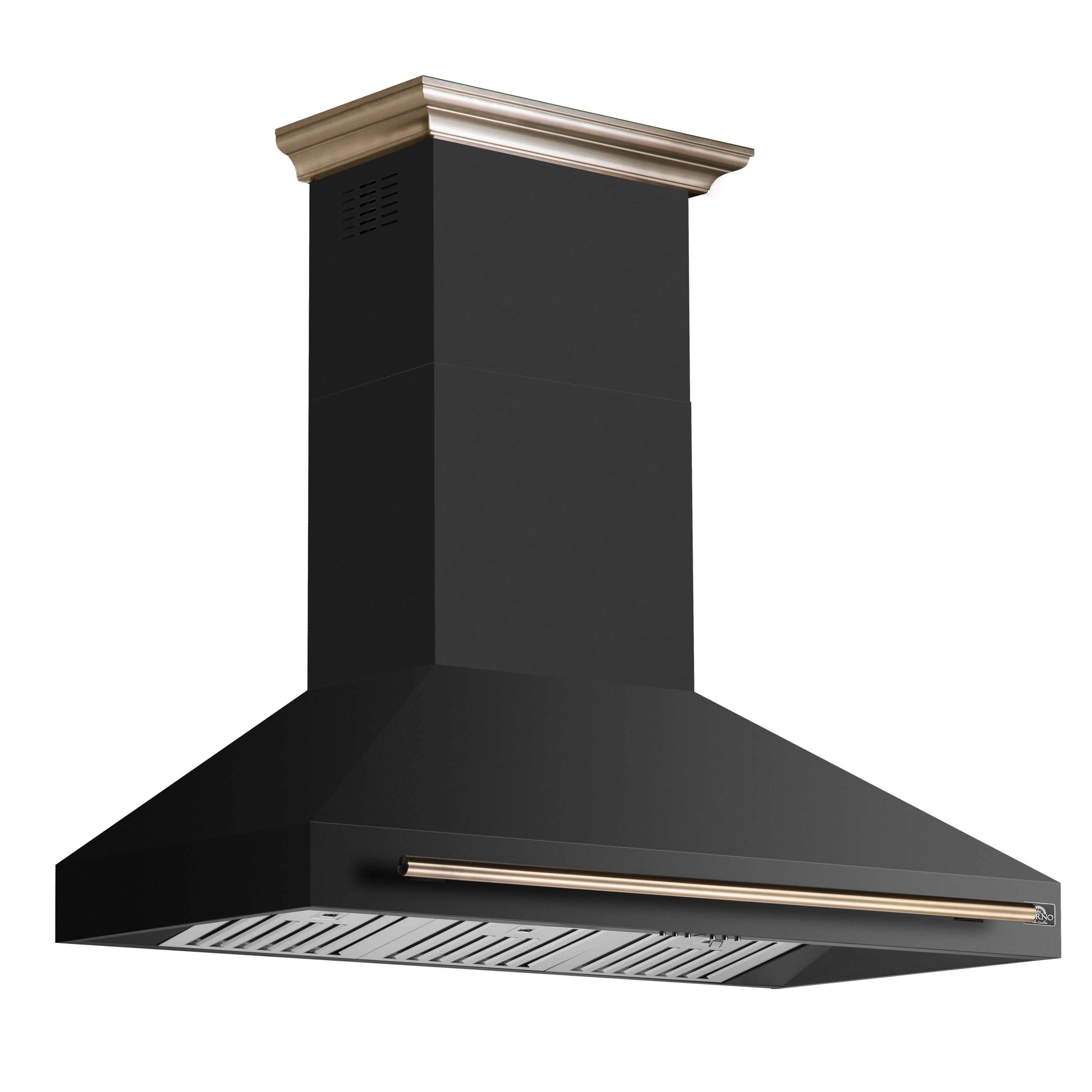 Black wall mount range hood with brass trim and vented baffle filter