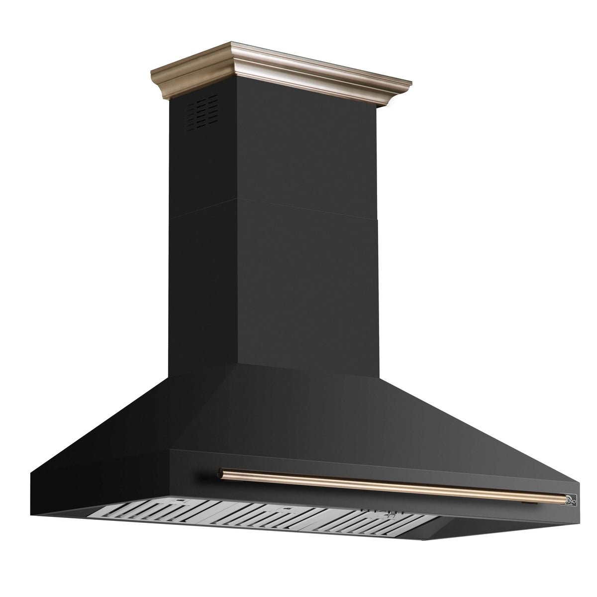 Black wall mount range hood with brass trim and vented baffle filter