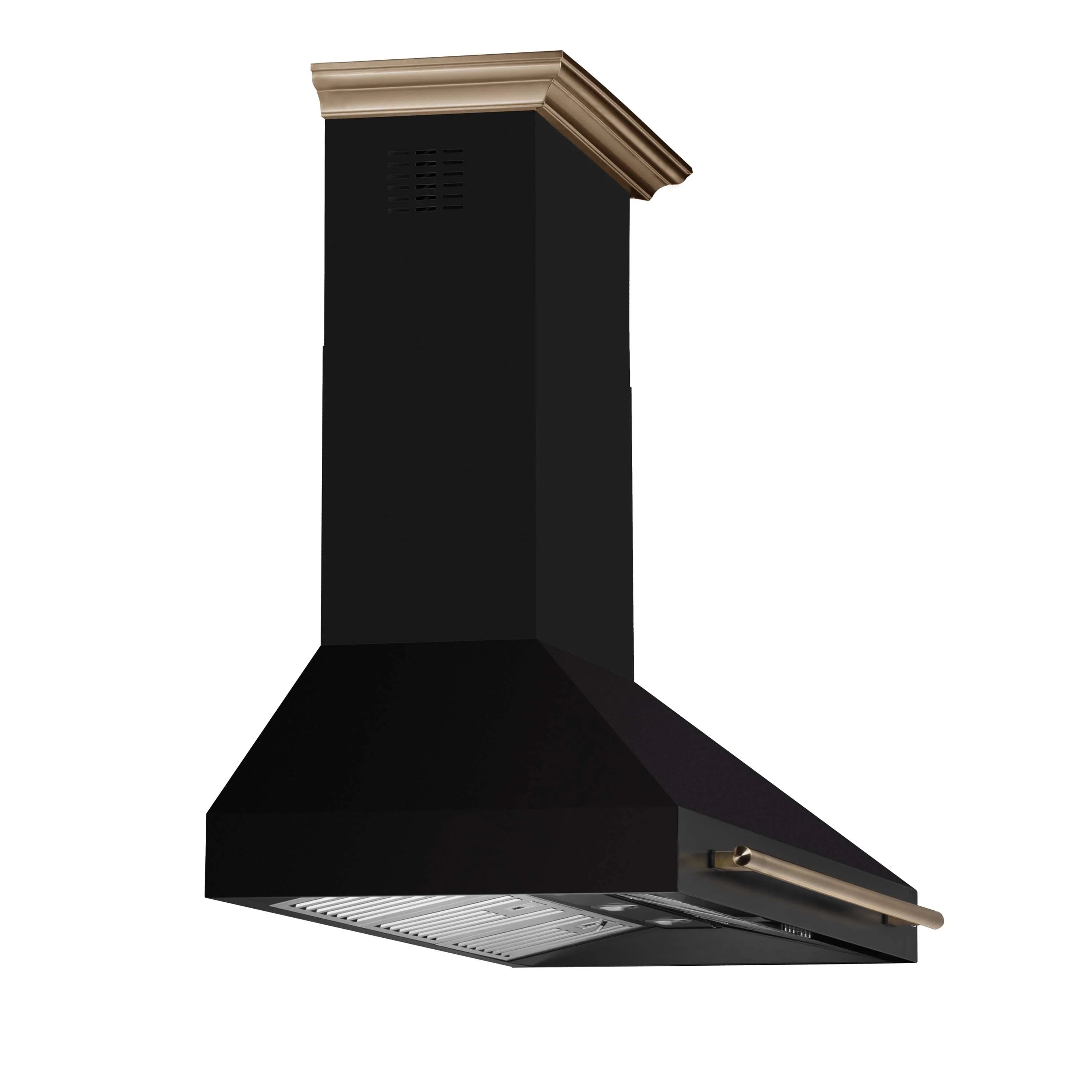 Black wall mount range hood with antique brass handle bar and side vent grate