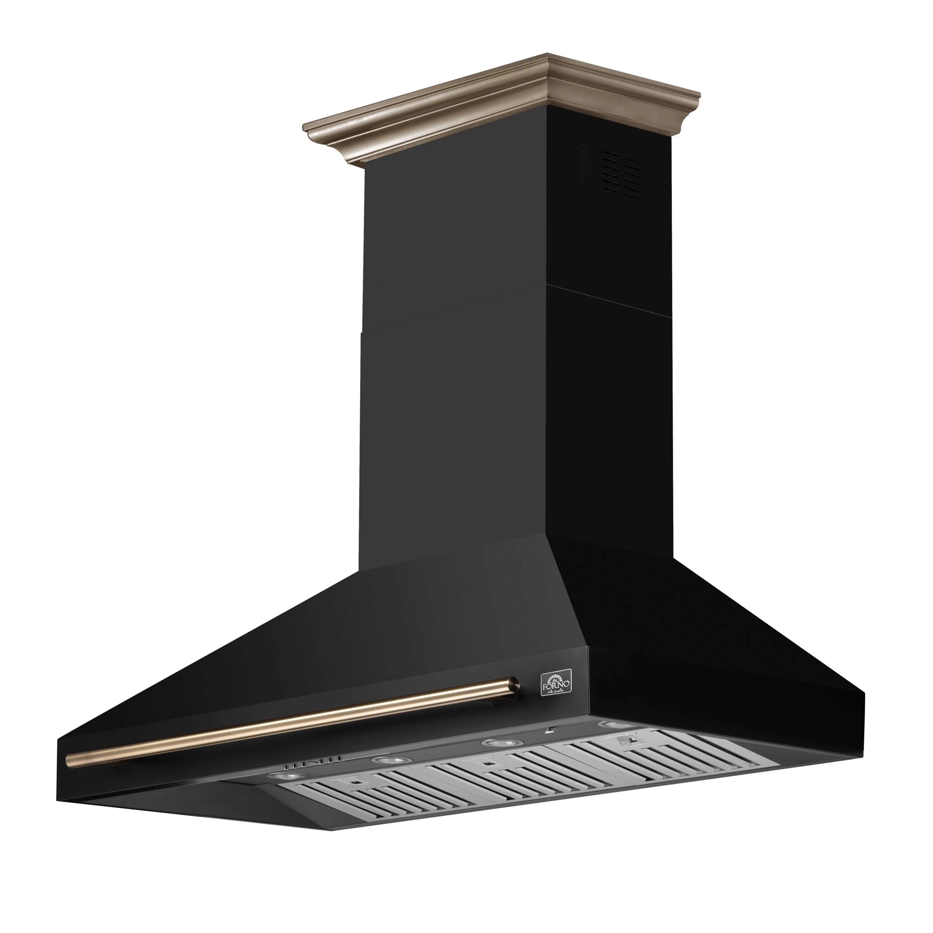 Black chimney range hood with antique brass trim and front vent hood filters