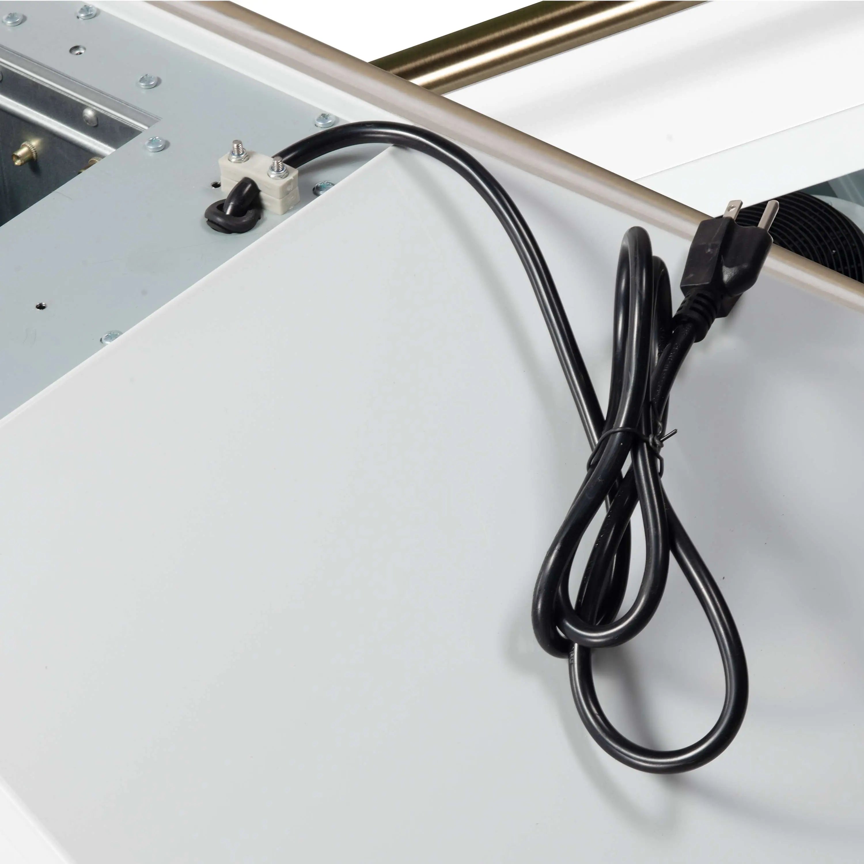 White appliance package microwave drawer with black power cord