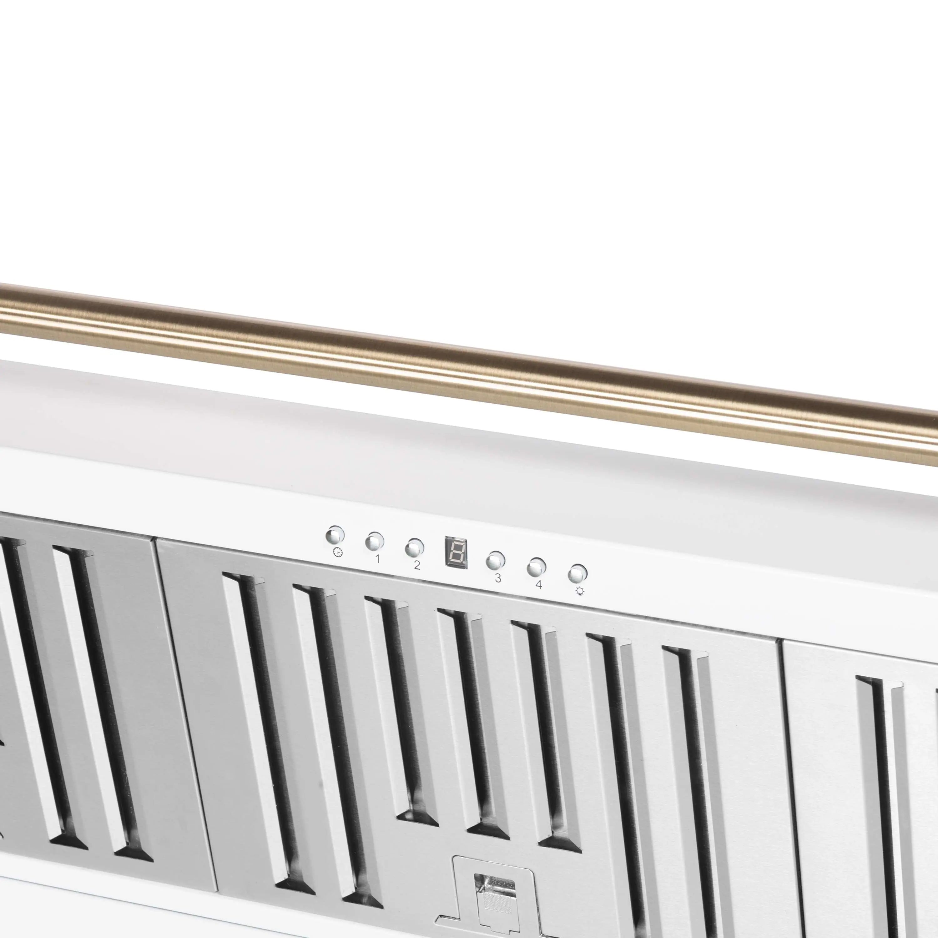 White range hood control panel with small buttons above decorative vent slats