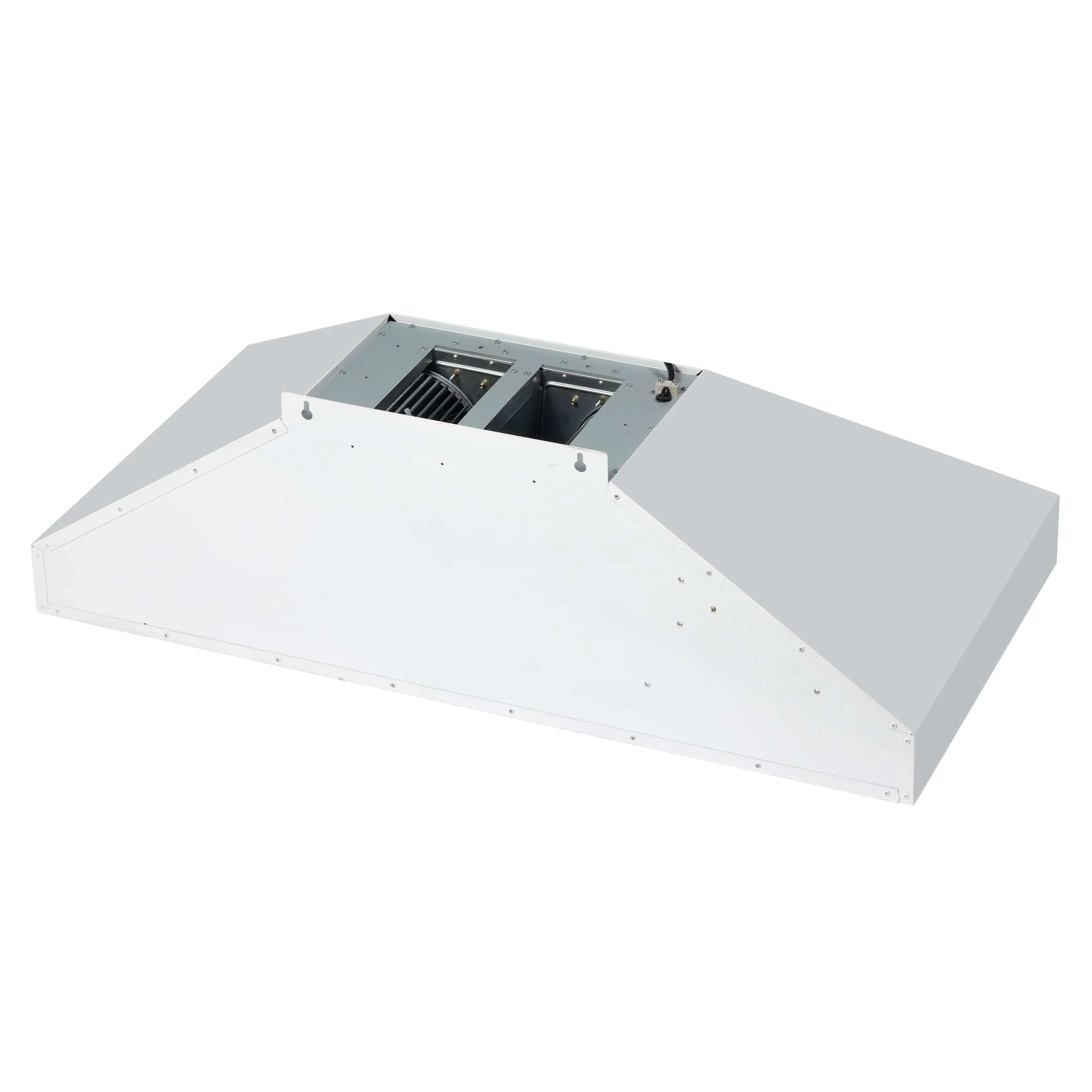 White range hood plenum base with vent opening and mounting hardware
