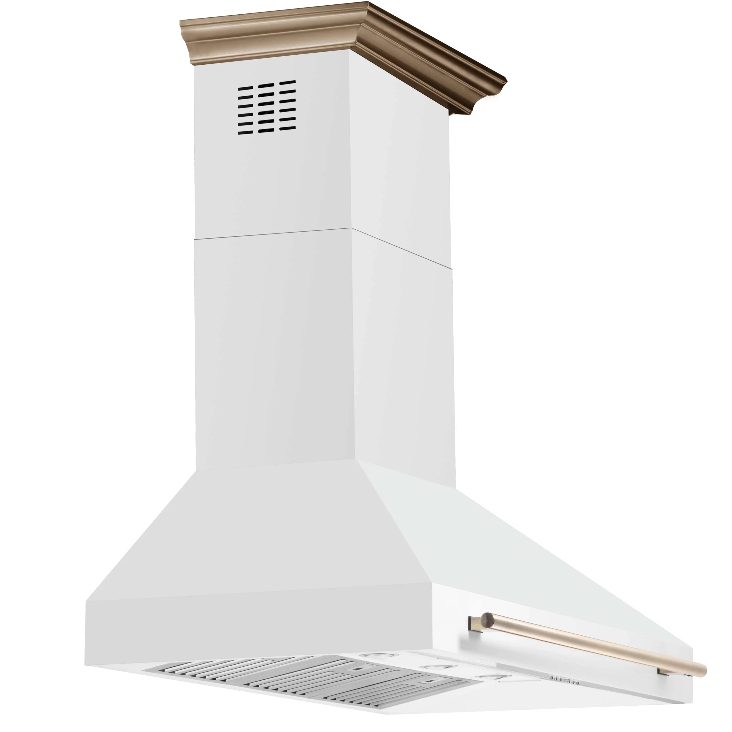 White wall-mounted range hood with brass canopy and stainless vent grates