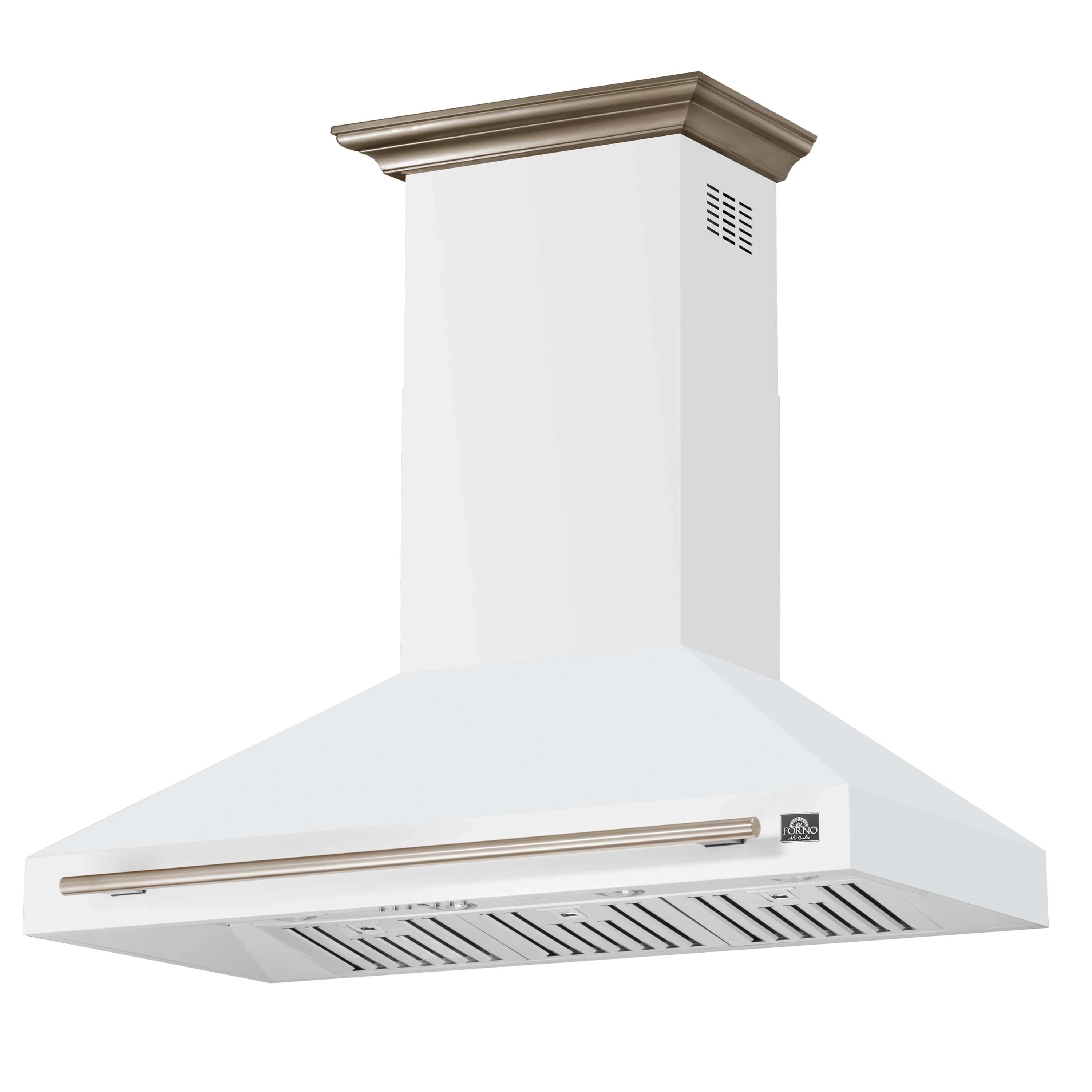 White wall-mount range hood with antique brass top trim and front vent grate
