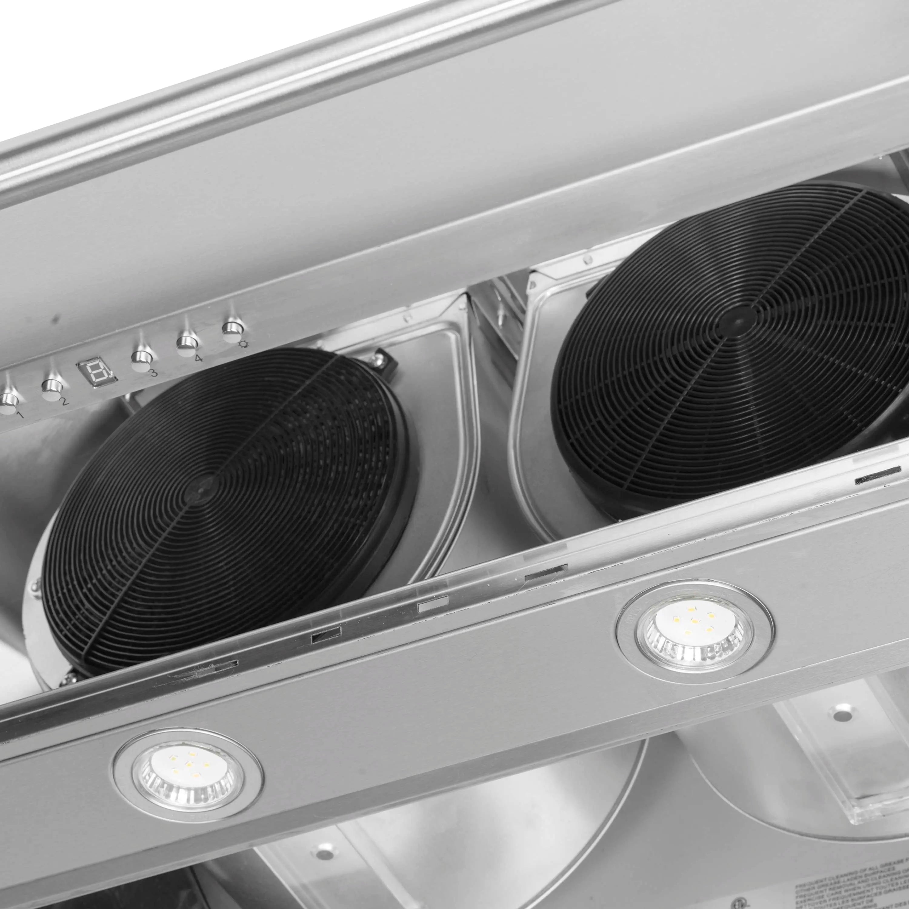 Stainless steel wall mount range hood interior showing two round fan units