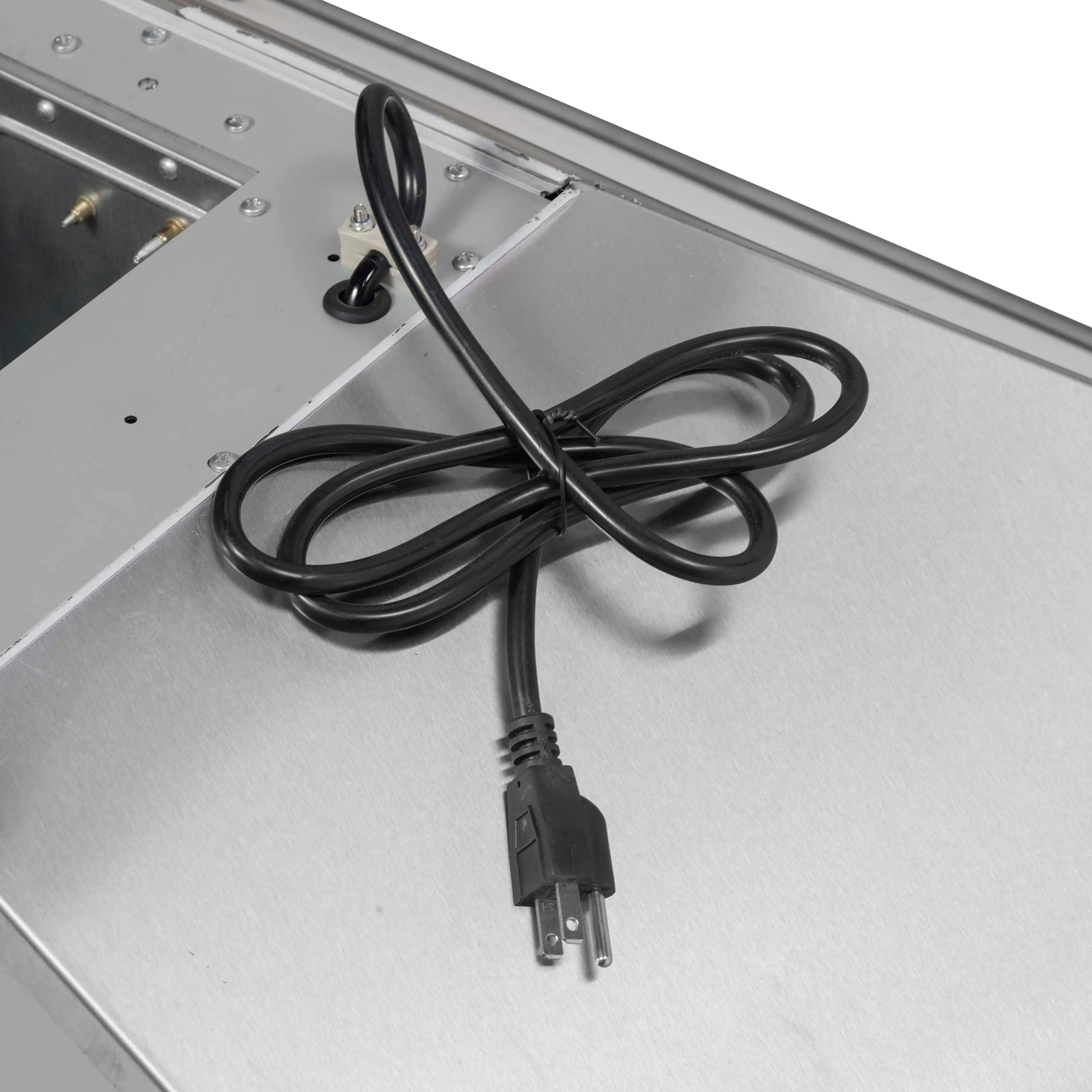 Range hood underside wiring harness with black power cord and plug