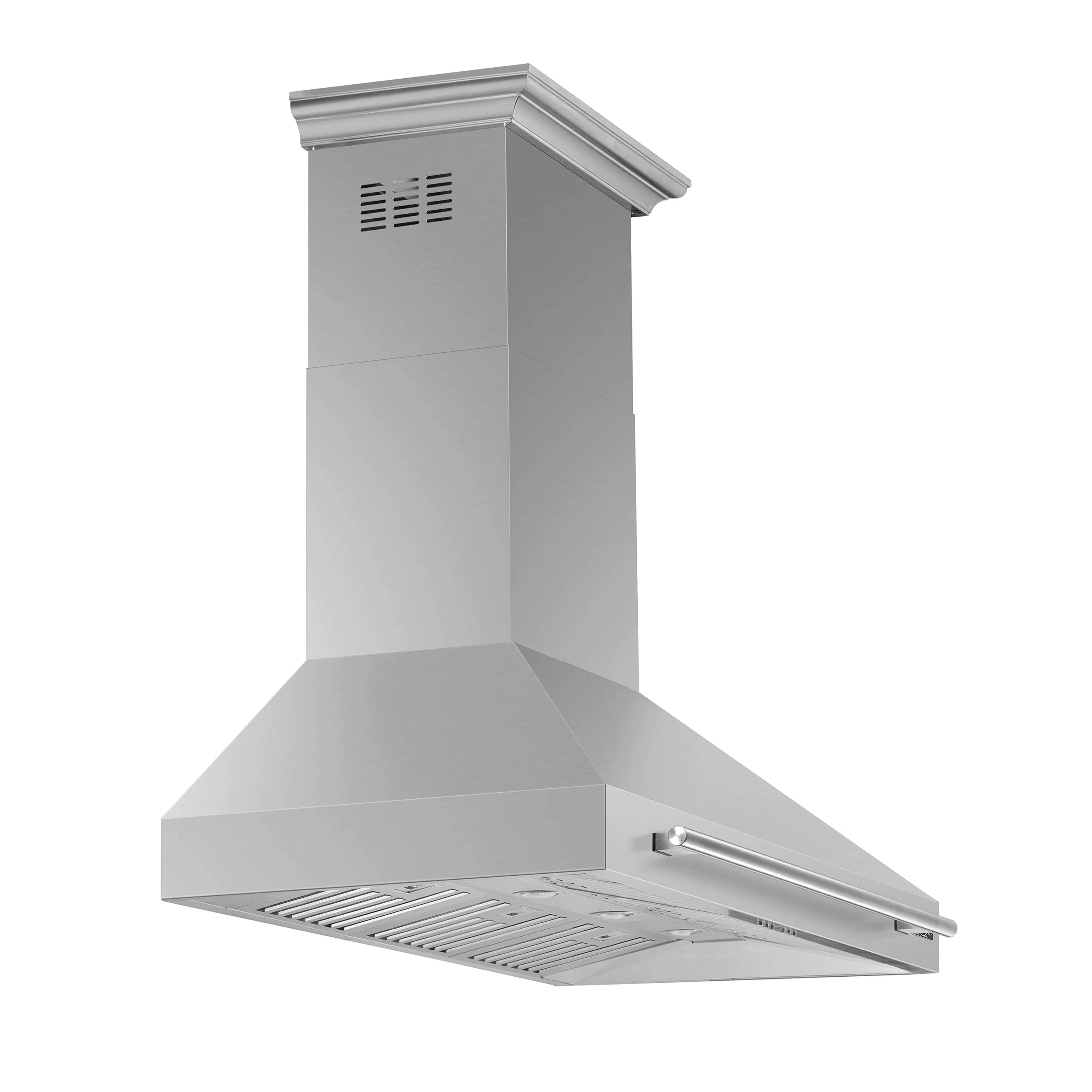 Corner view of stainless steel wall range hood with baffle filter trays