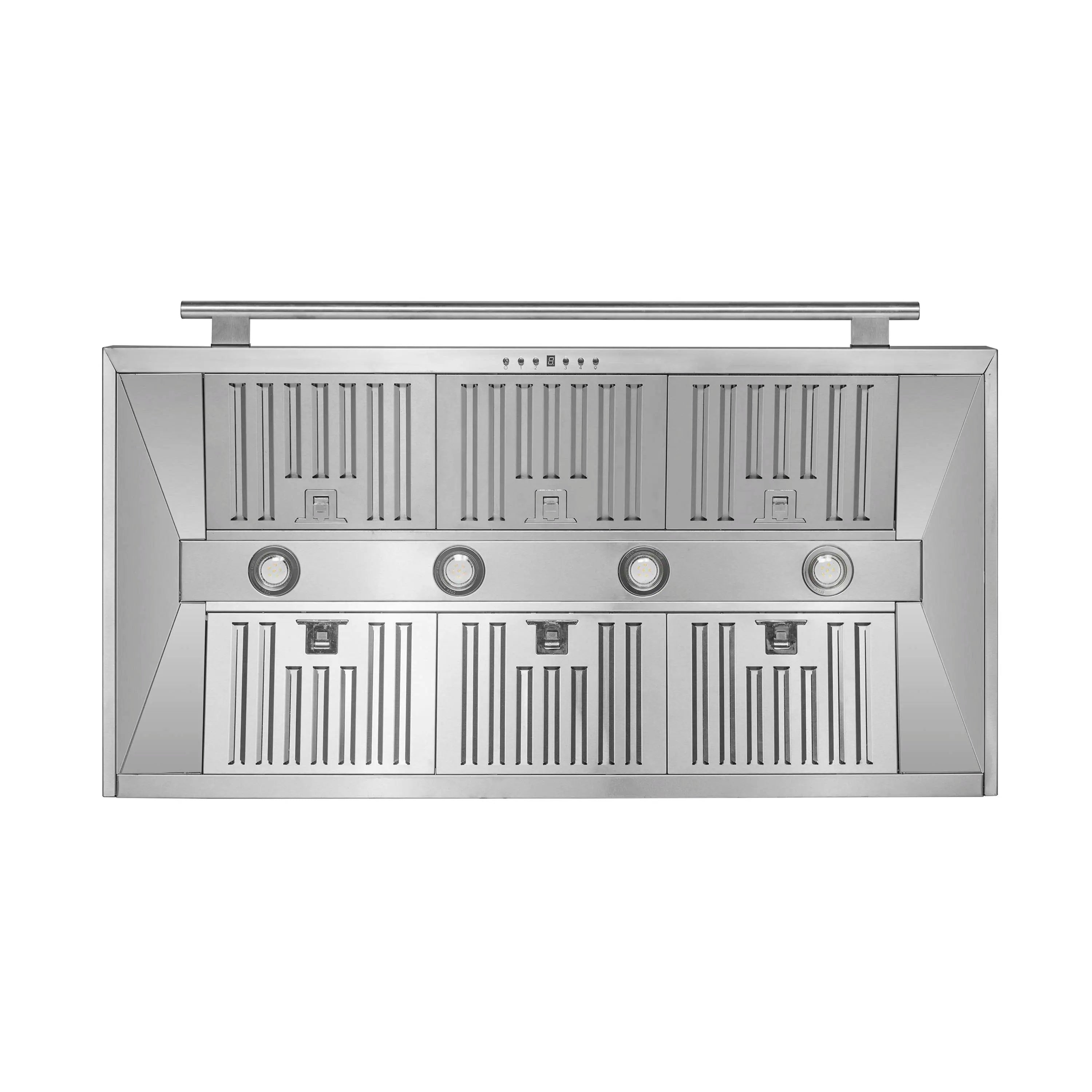 Stainless steel wall range hood with vented baffle filter panel and control knobs.