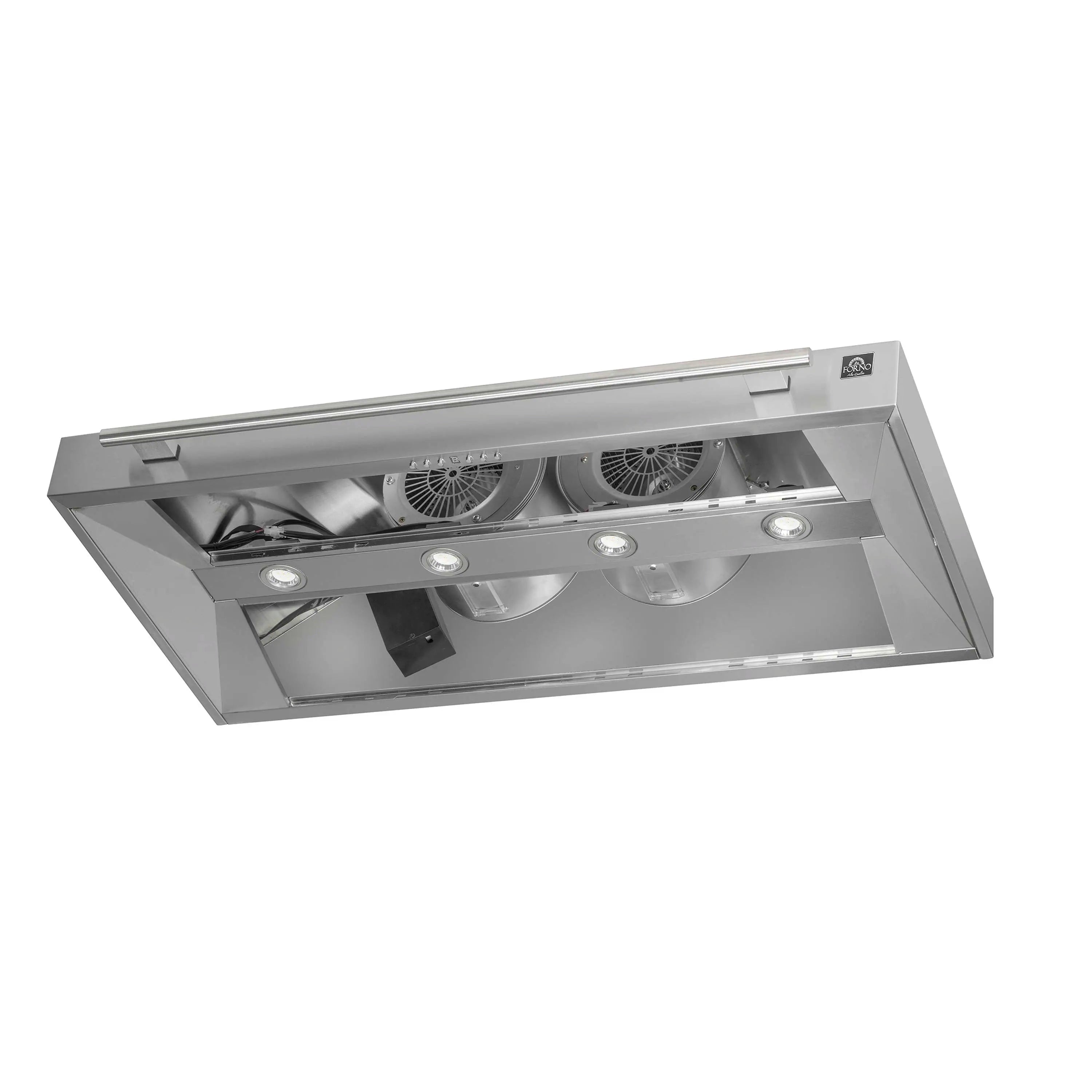 Stainless steel range hood underside with fan grilles and round light fixtures
