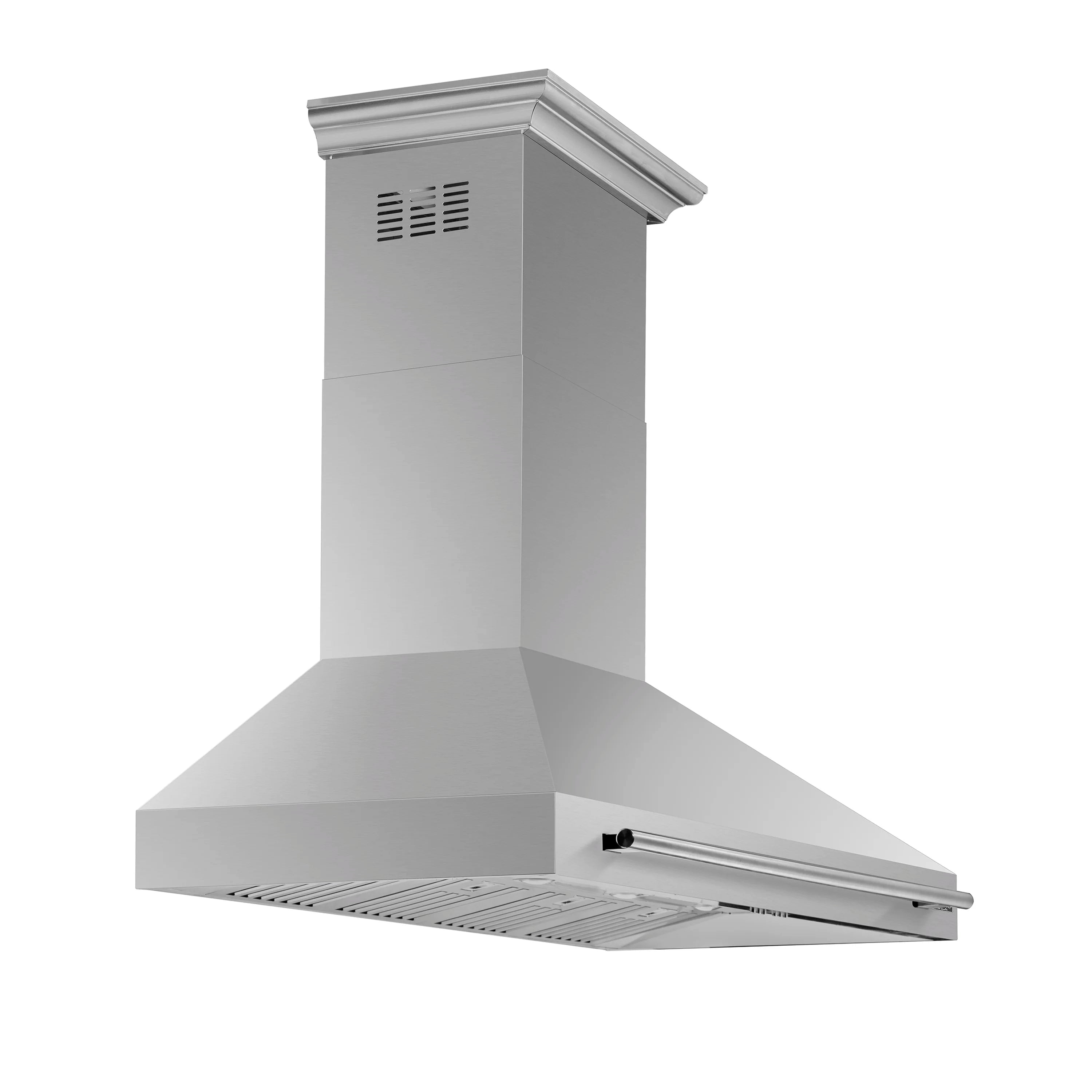 Stainless steel wall mount range hood with angled canopy and control panel
